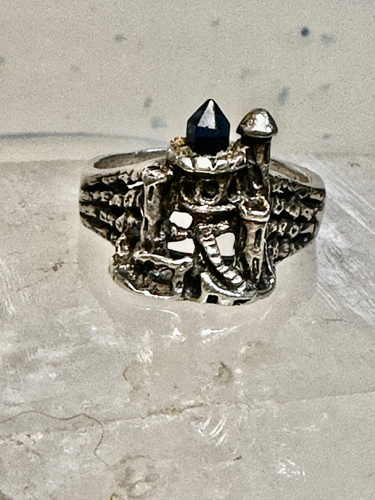 Castle ring size 10.75  Medieval  Crystal or black glass Tower sterling silver women