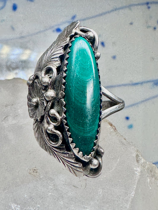 Long Malachite ring leaves Squash blossom Navajo size 7.25 sterling silver women