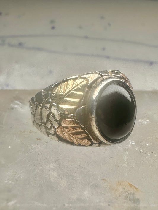 Black Hills Gold ring onyx leaves band size 11 sterling silver women men