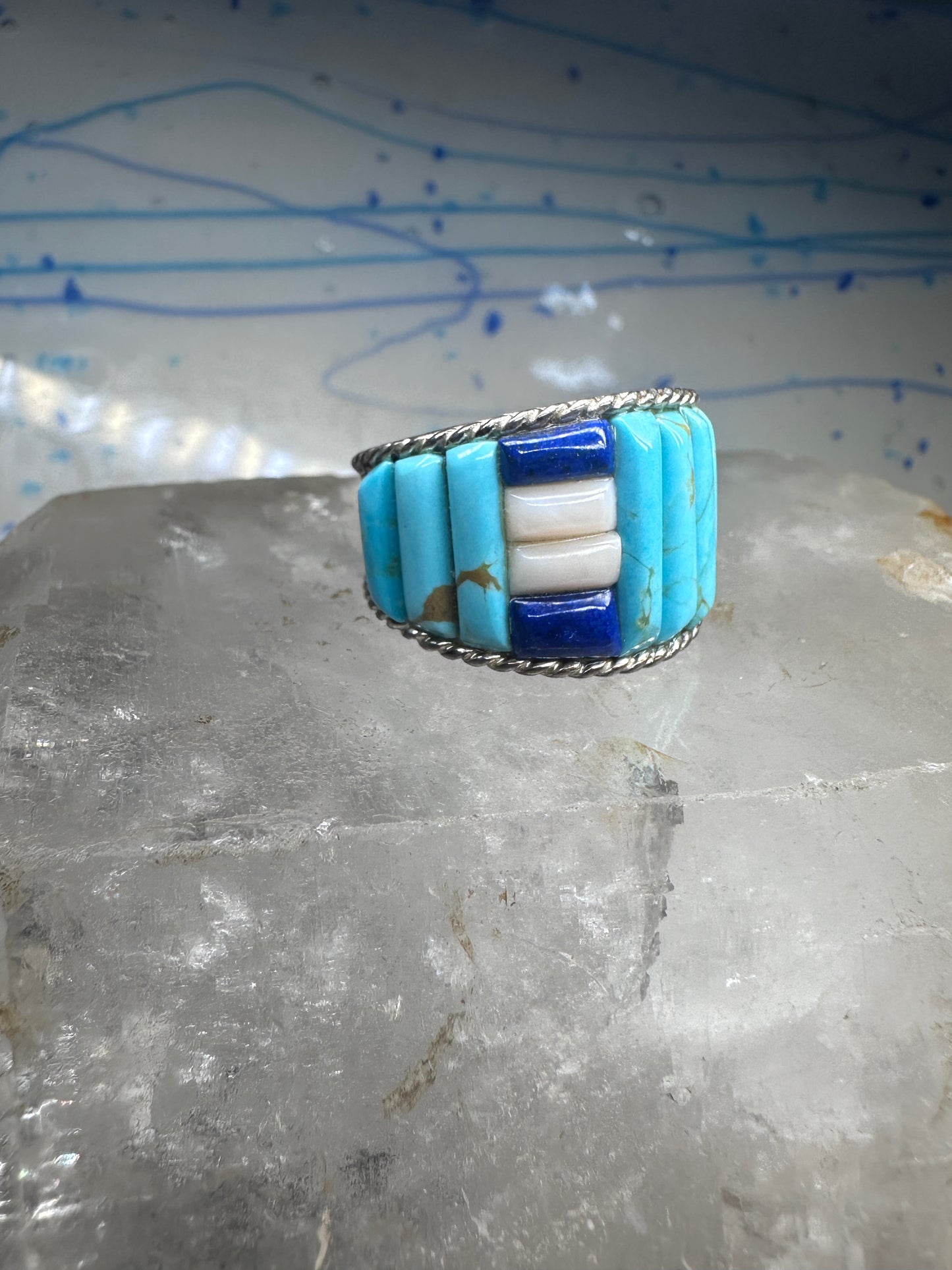 Cobblestone ring Navajo turquoise Lapis MOP size 9.75 sterling silver women men