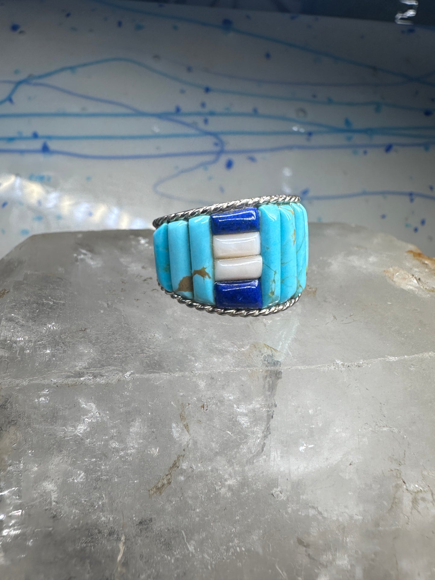 Cobblestone ring Navajo turquoise Lapis MOP size 9.75 sterling silver women men