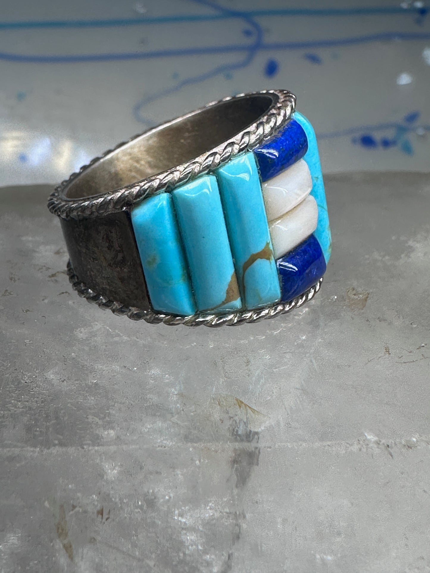 Cobblestone ring Navajo turquoise Lapis MOP size 9.75 sterling silver women men