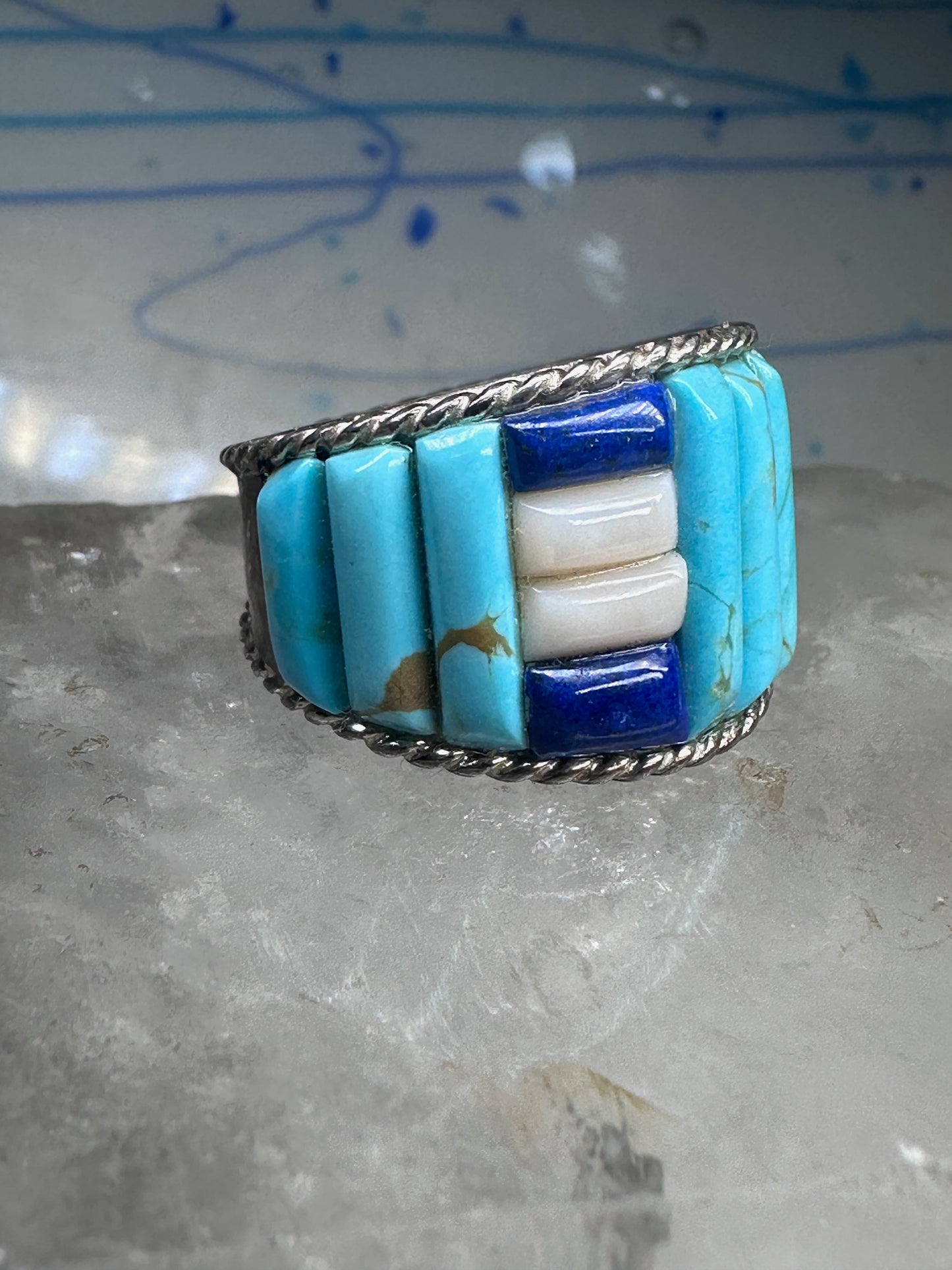 Cobblestone ring Navajo turquoise Lapis MOP size 9.75 sterling silver women men