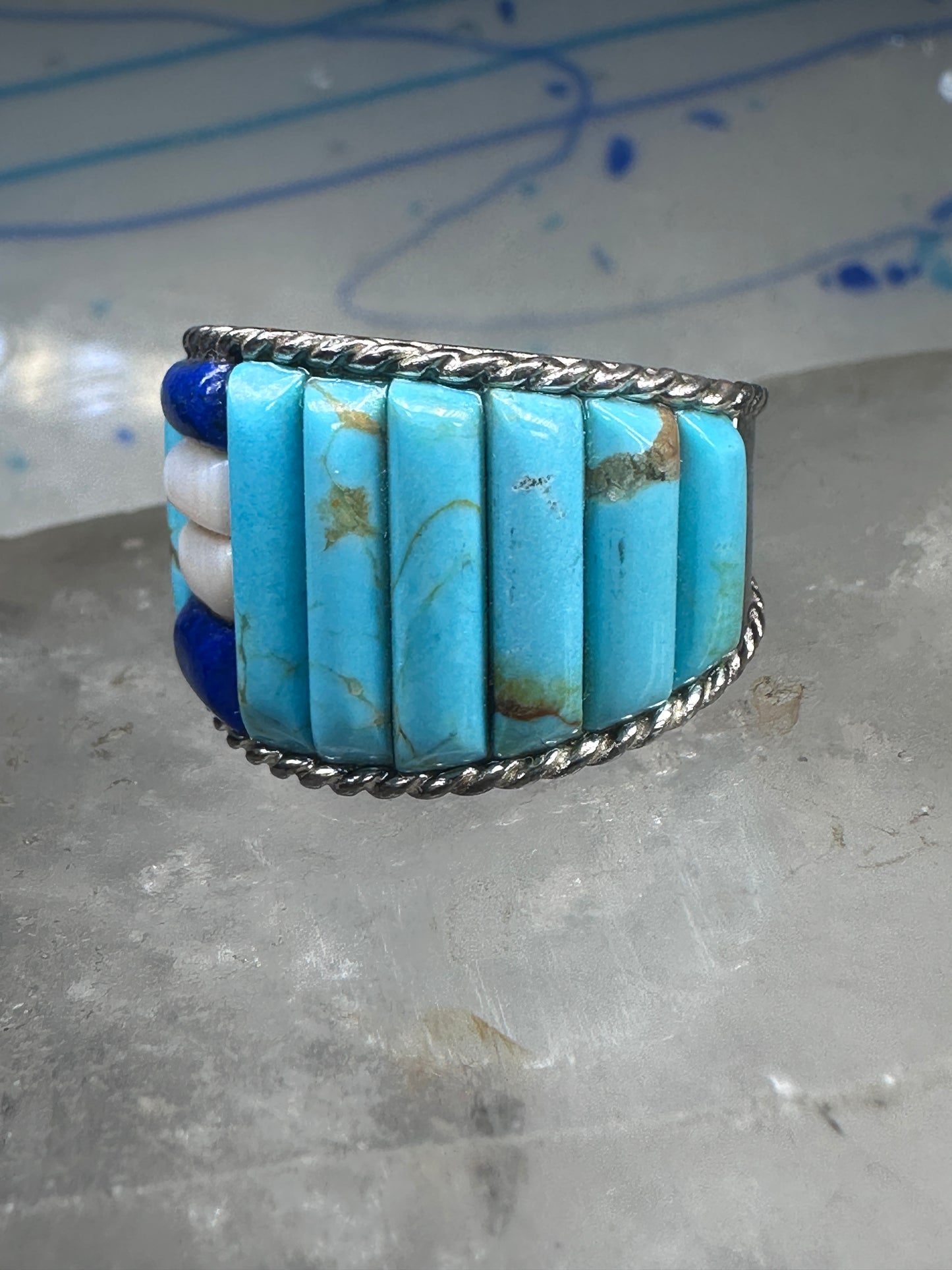 Cobblestone ring Navajo turquoise Lapis MOP size 9.75 sterling silver women men