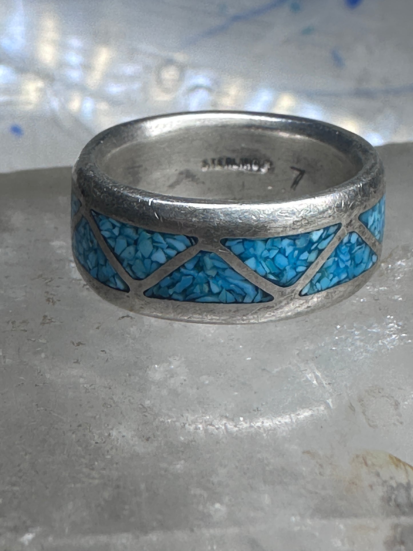 Zuni Wedding ring turquoise chips wedding band size 6.50 sterling silver women men