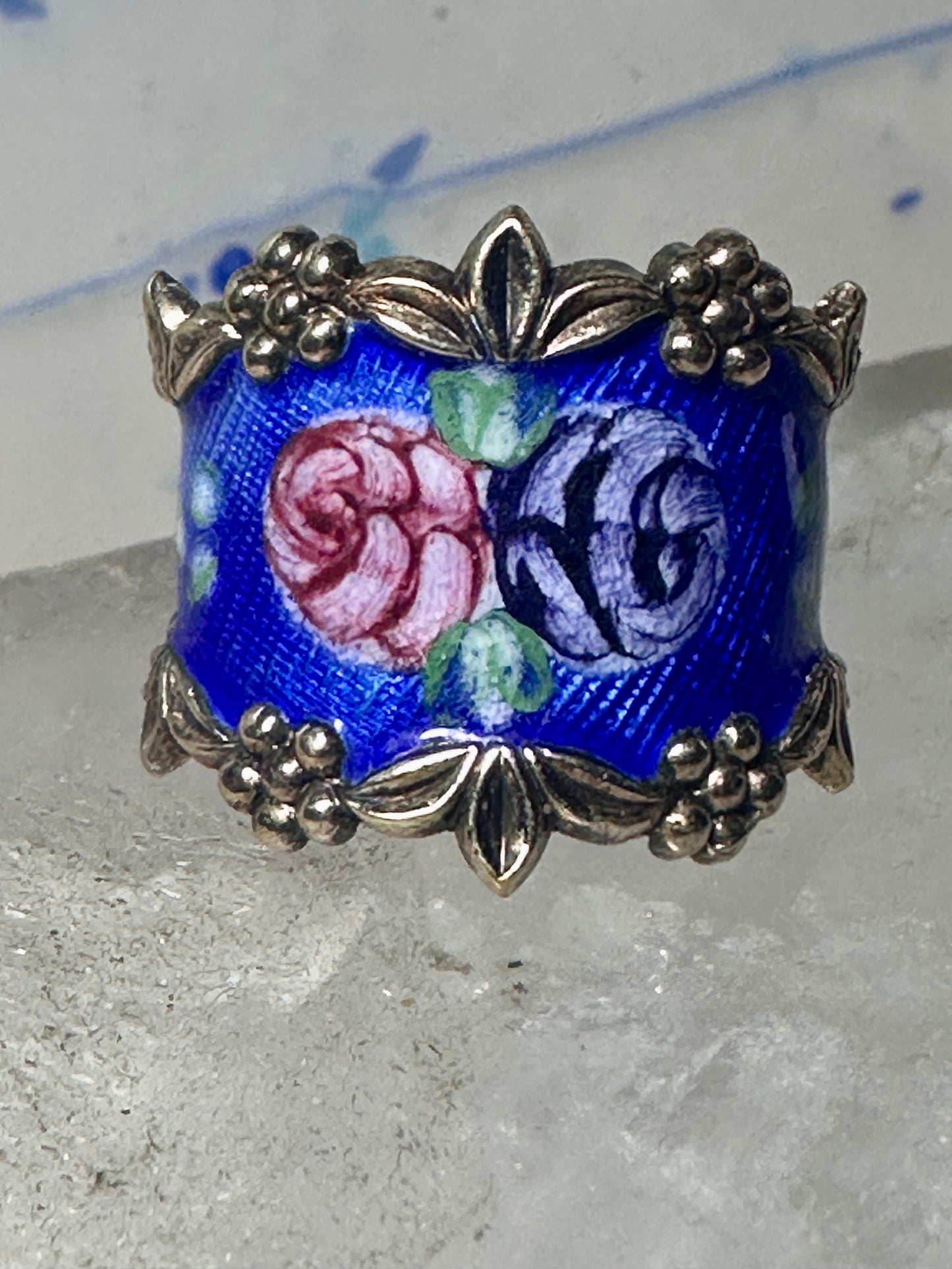 Guilloche ring floral rose band size 6.75 sterling silver women girls