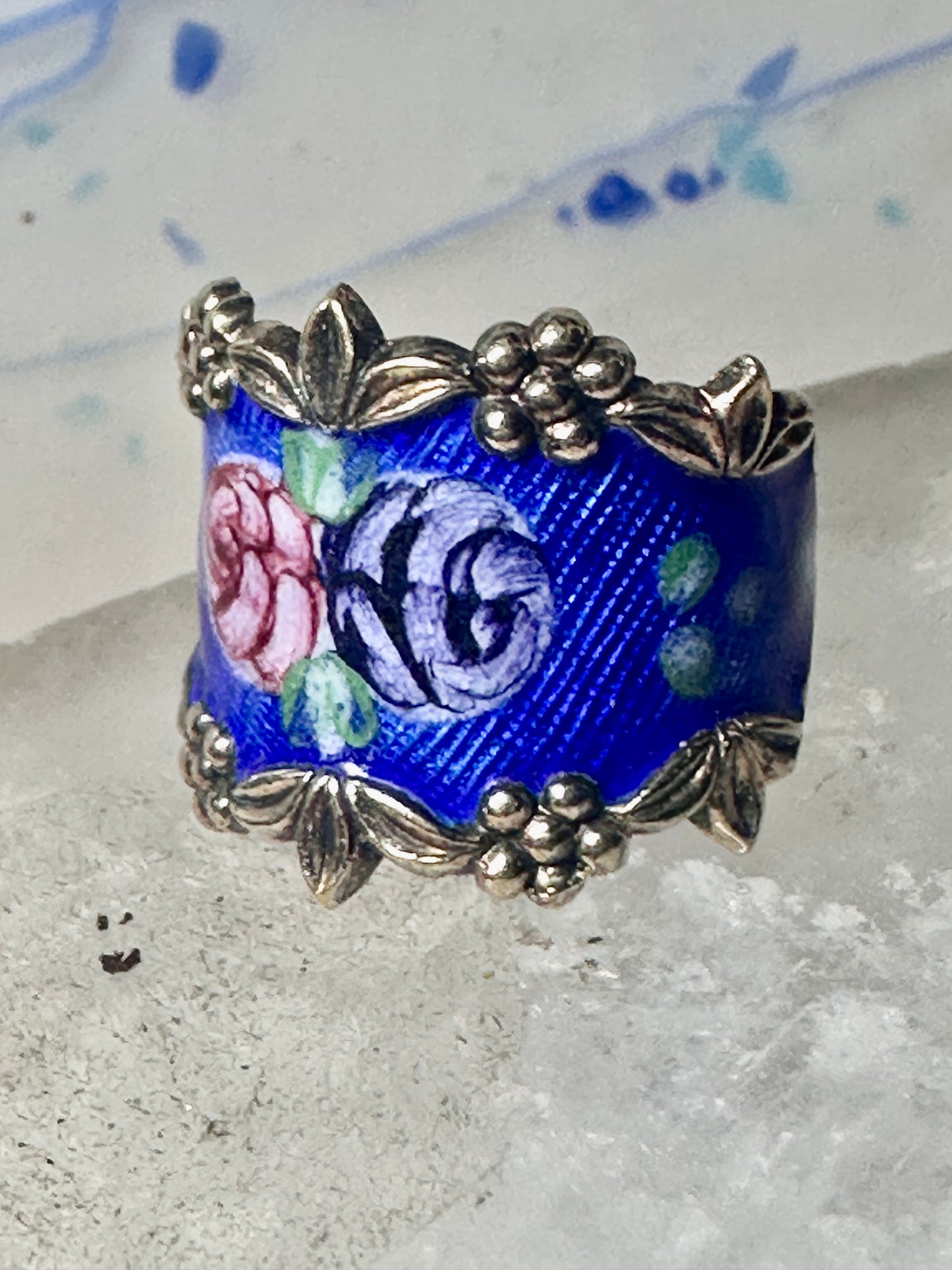 Guilloche ring floral rose band size 6.75 sterling silver women girls