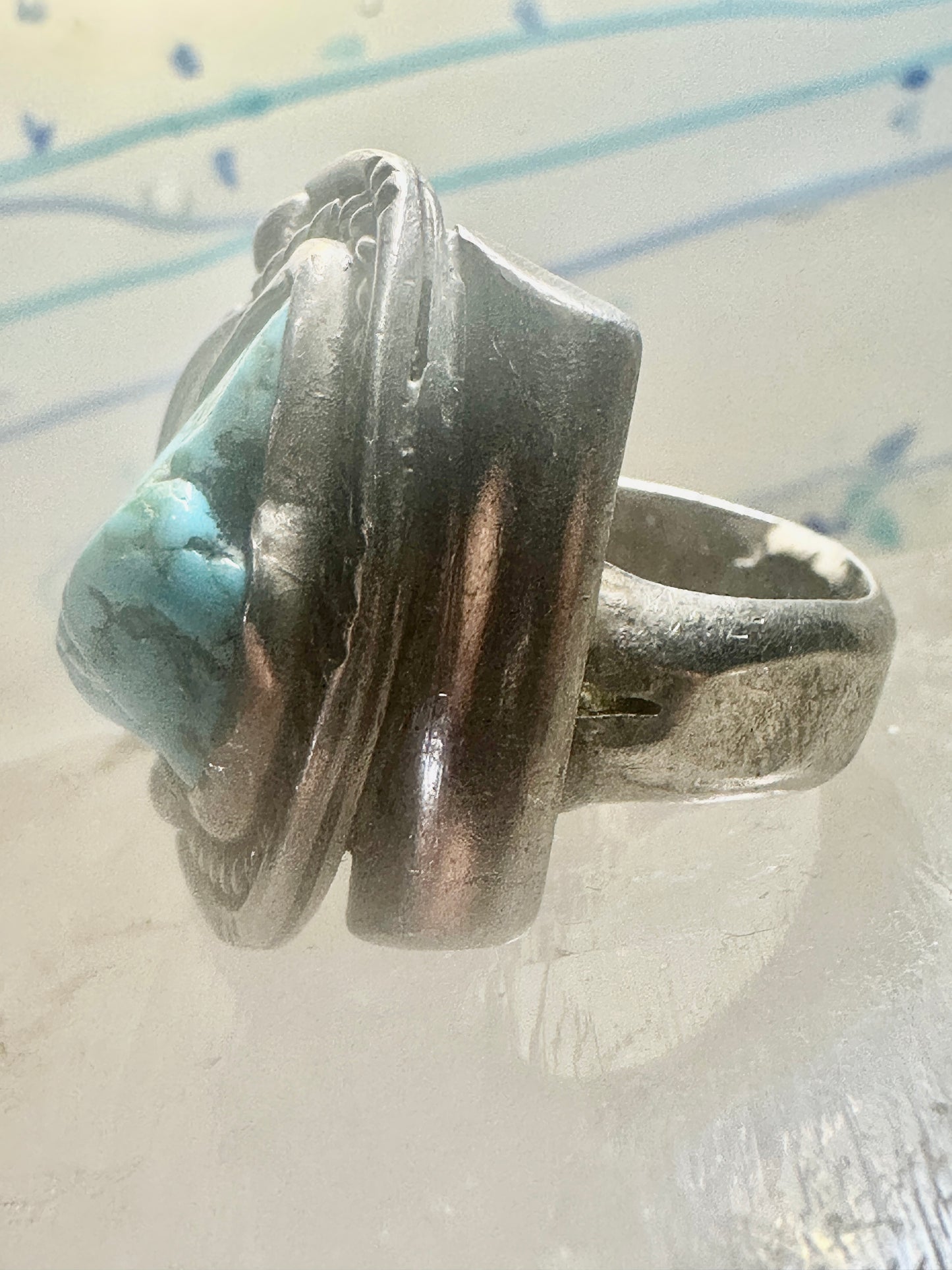 Turquoise ring Navajo size 7.50 feather  sterling silver women