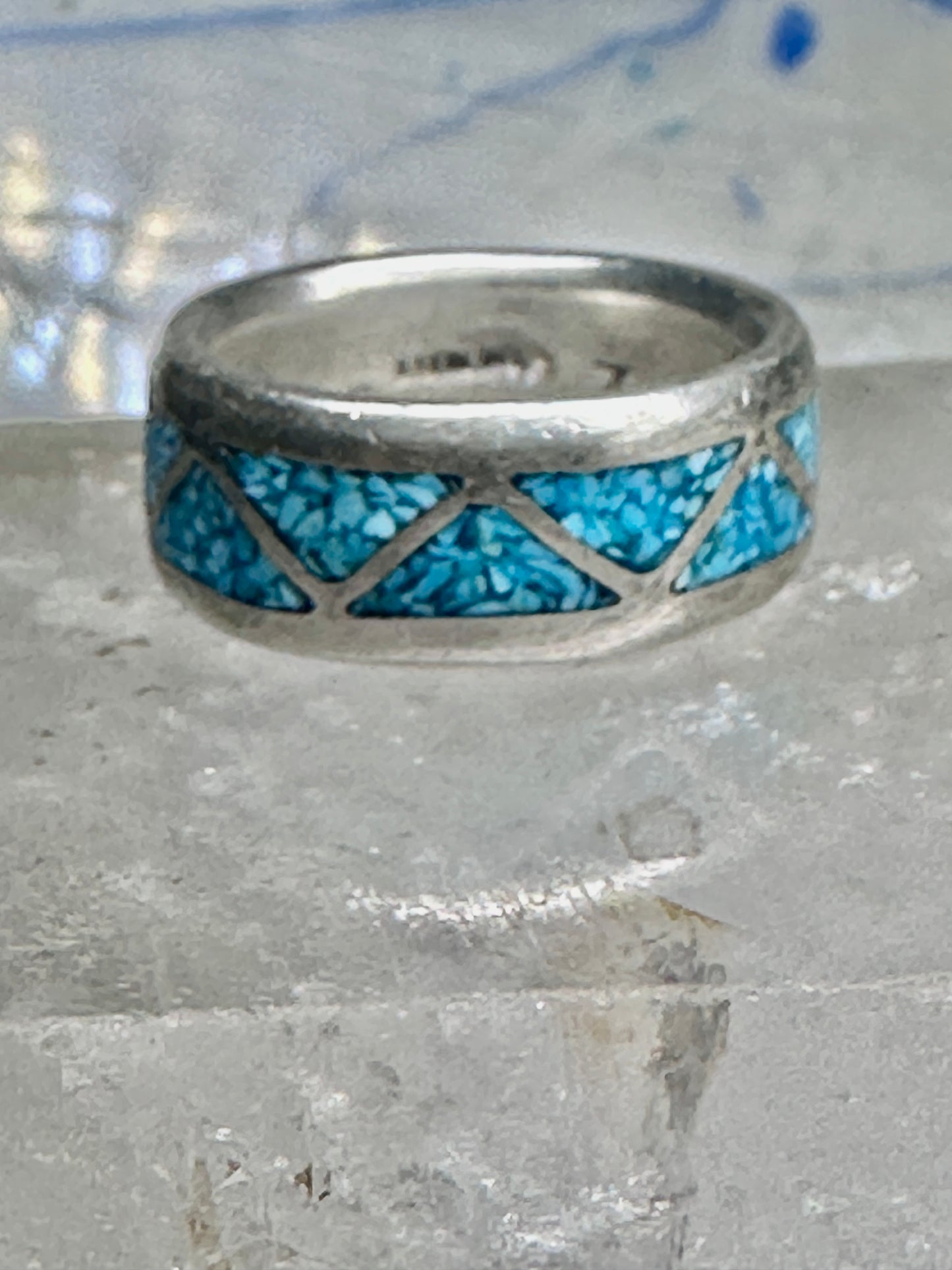 Zuni Wedding ring turquoise chips wedding band size 6.50 sterling silver women men