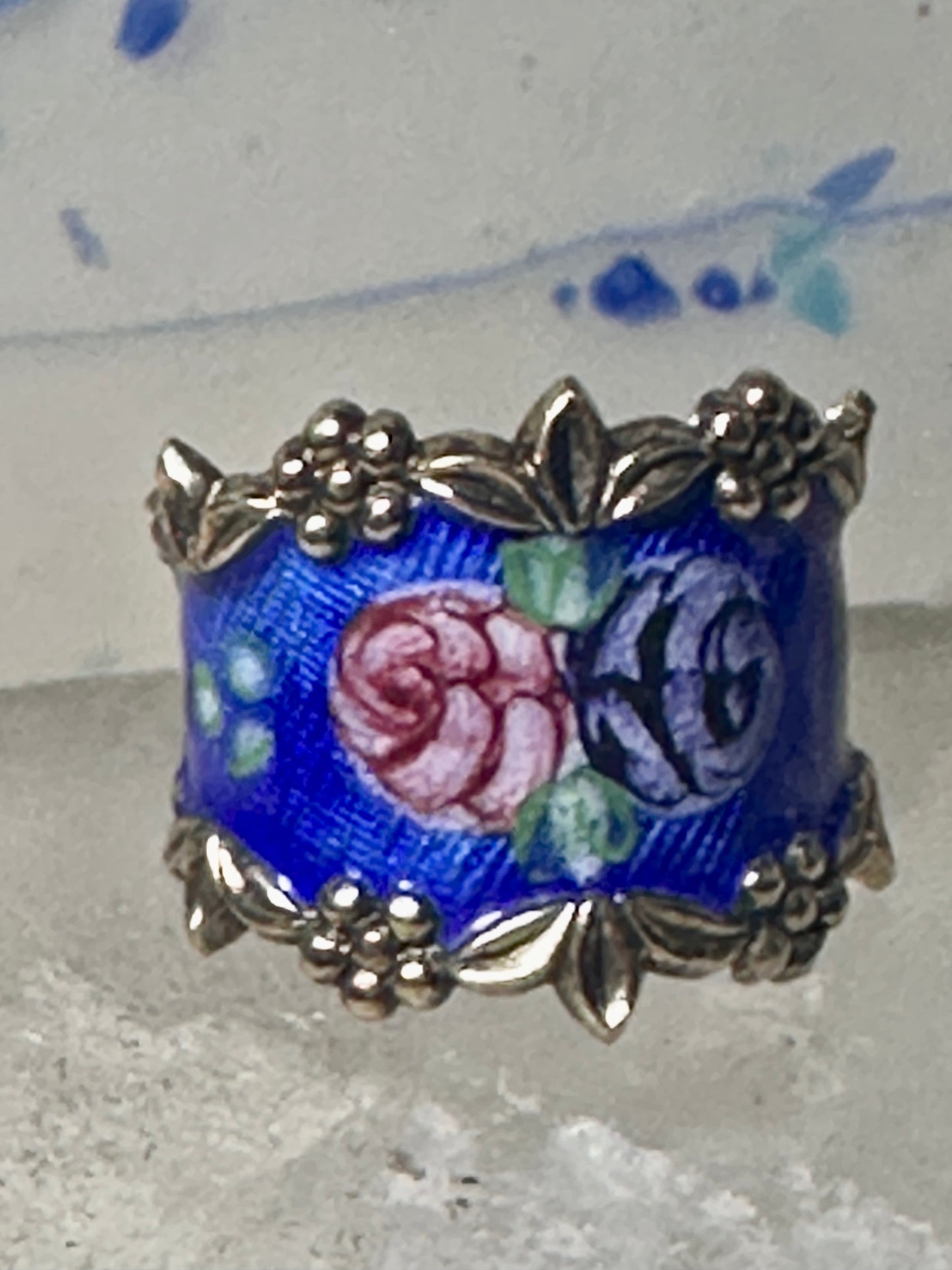 Guilloche ring floral rose band size 6.75 sterling silver women girls