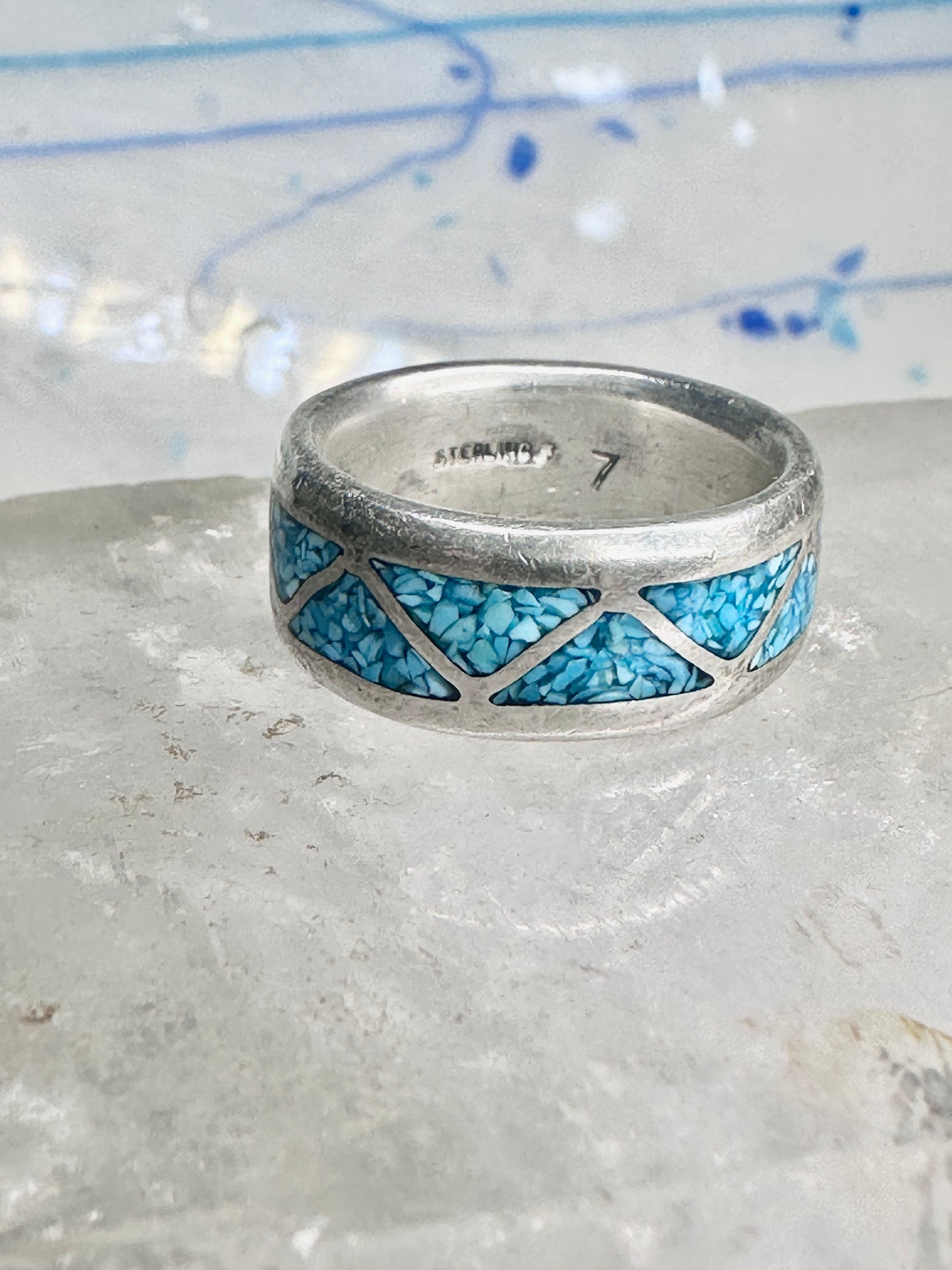 Zuni Wedding ring turquoise chips wedding band size 6.50 sterling silver women men