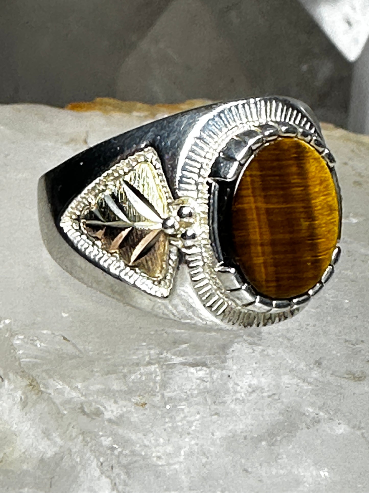Black Hills Gold Ring Tiger Eye Leaves band Size 9.75 Good Luck  Sterling Silver