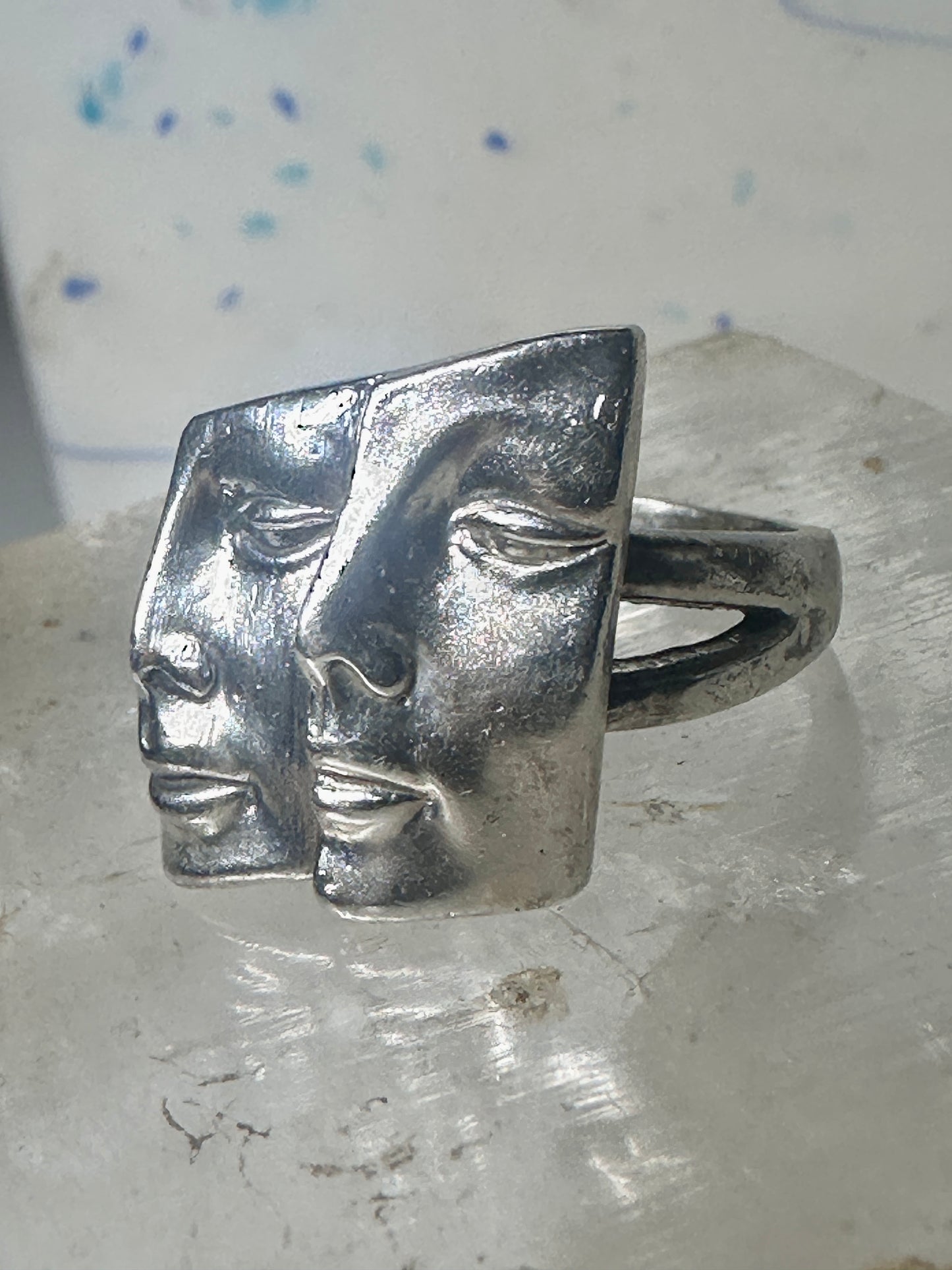 Face ring twin faces band size 10.75 sterling silver women