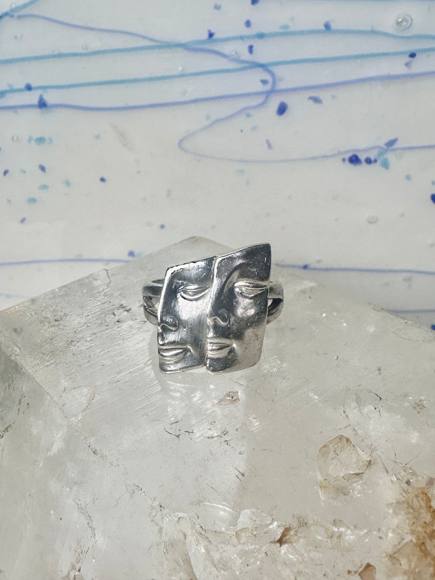 Face ring twin faces band size 10.75 sterling silver women