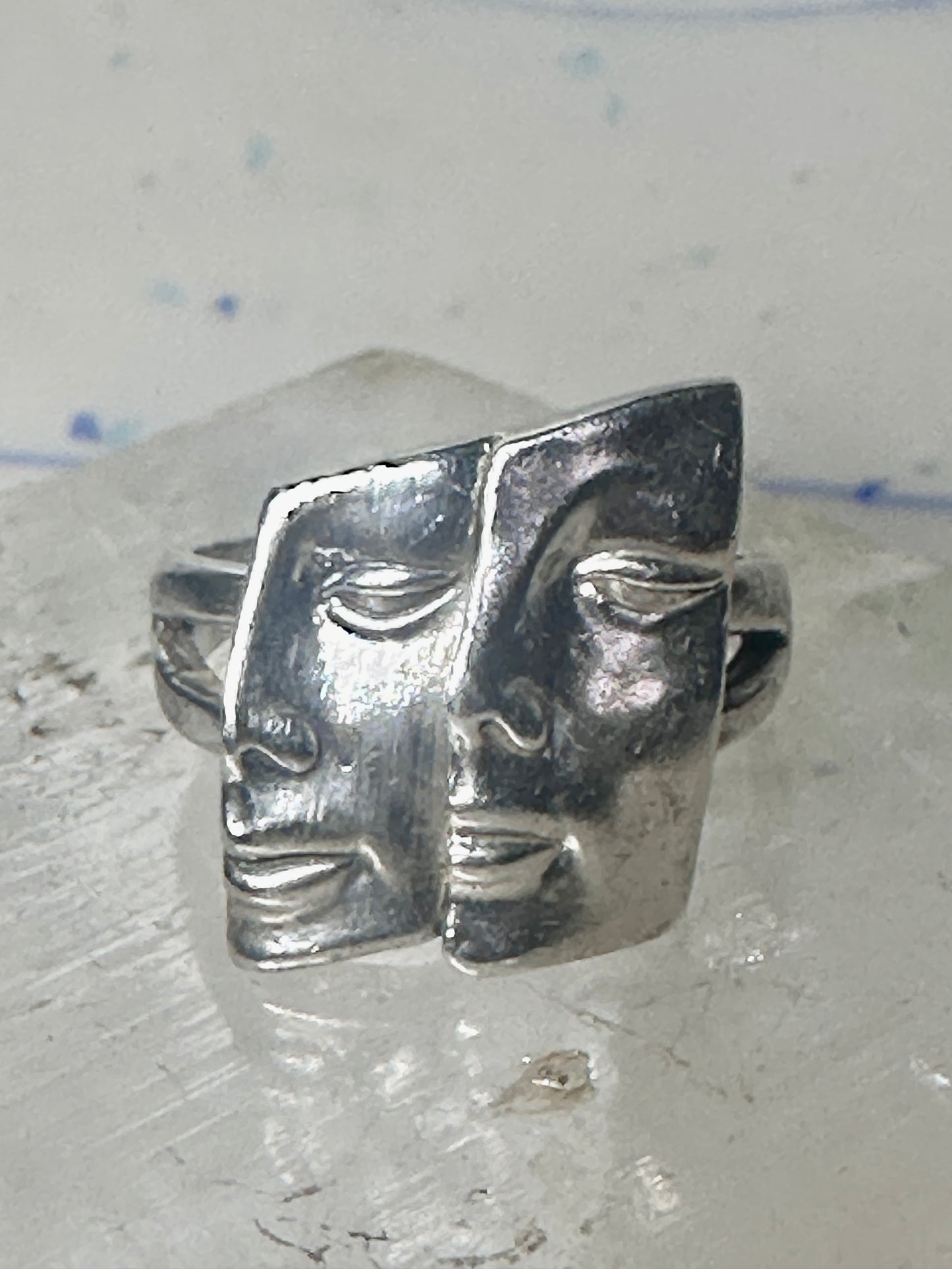 Face ring twin faces band size 10.75 sterling silver women