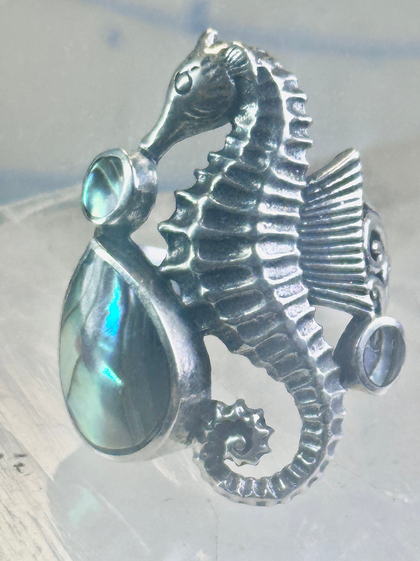 Seahorse ring animal abalone band size 6 sterling silver women
