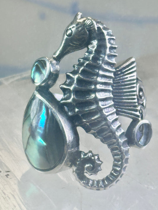 Seahorse ring animal abalone band size 6 sterling silver women