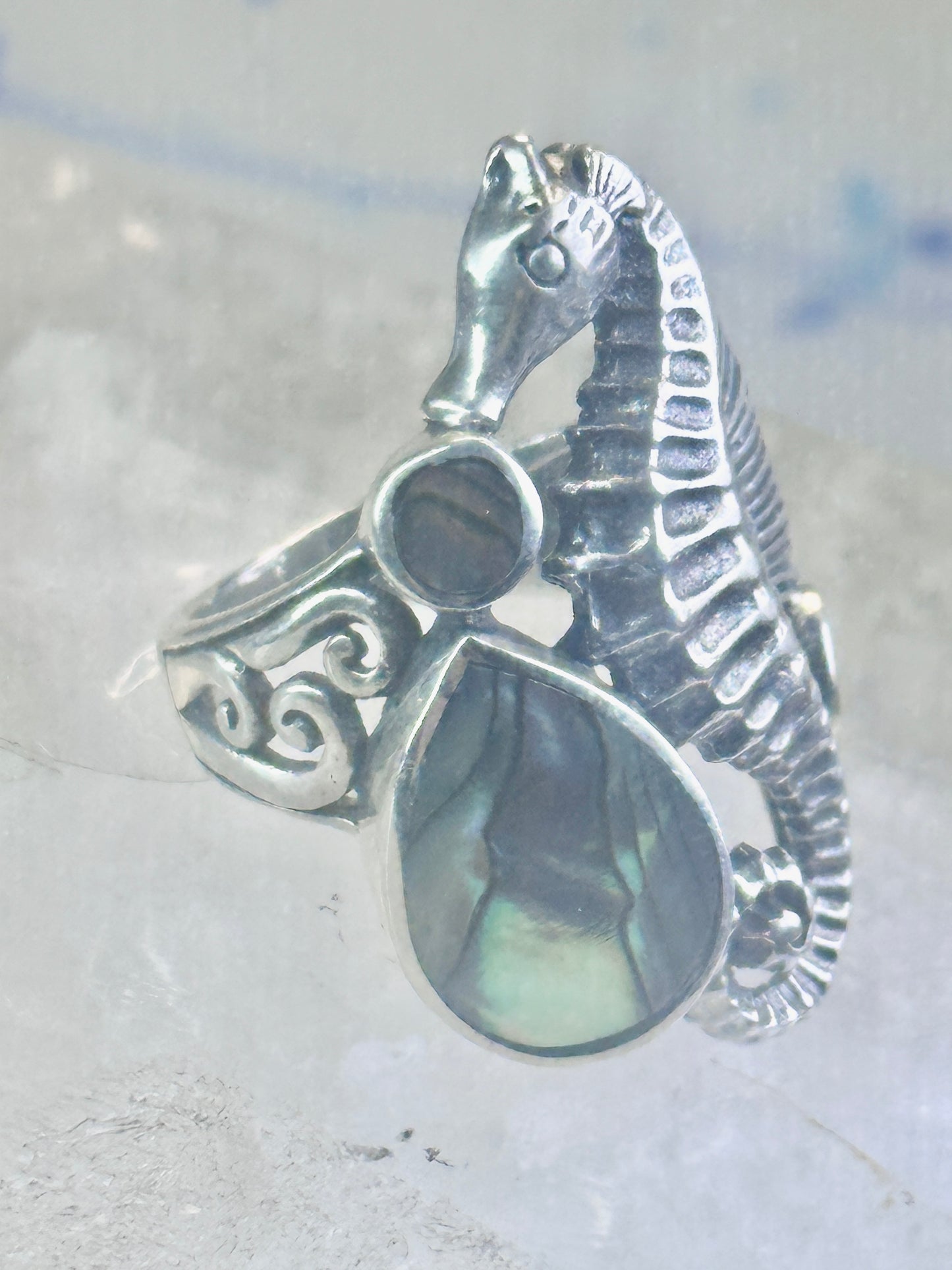 Seahorse ring animal abalone band size 6 sterling silver women