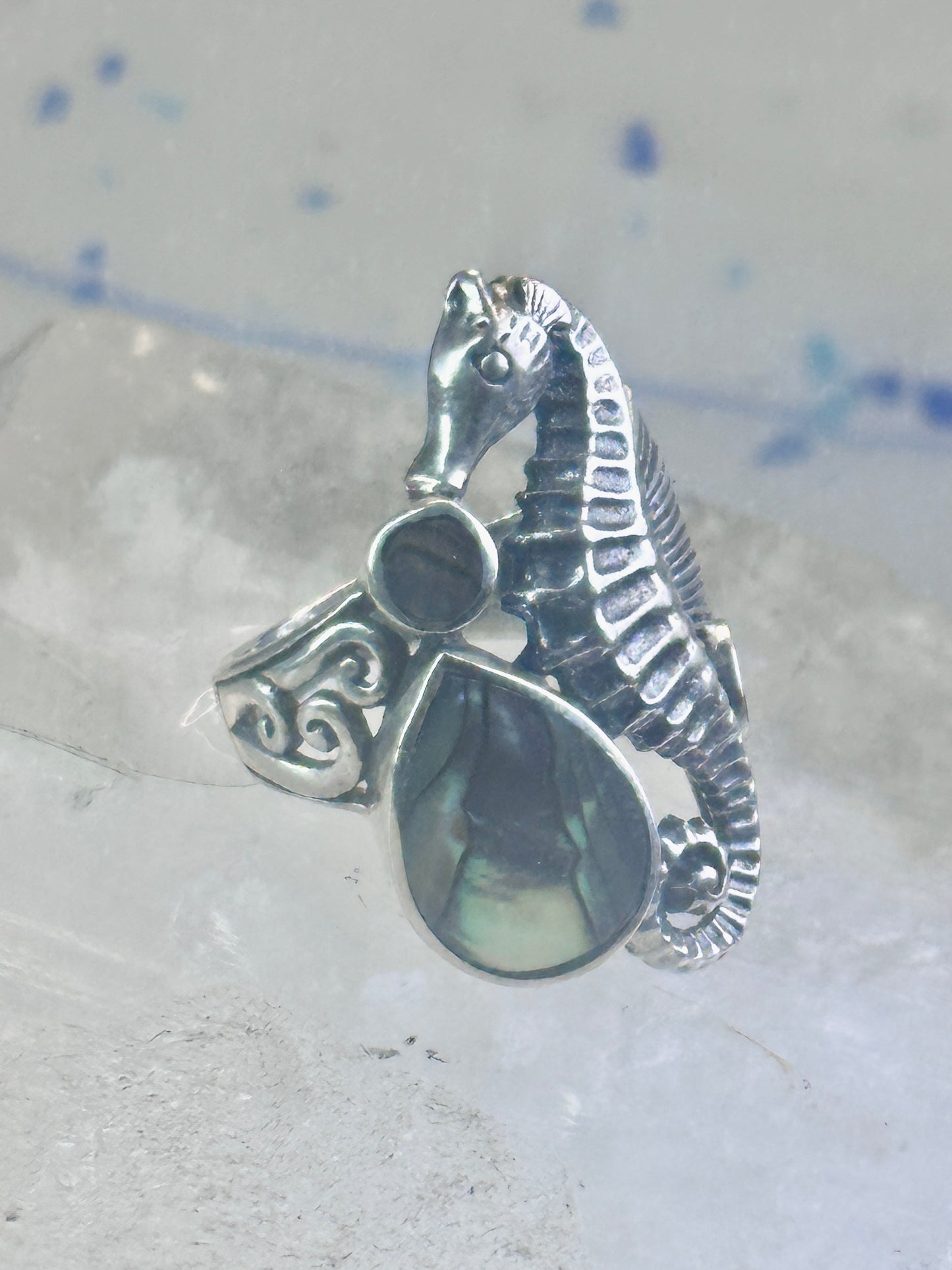 Seahorse ring animal abalone band size 6 sterling silver women