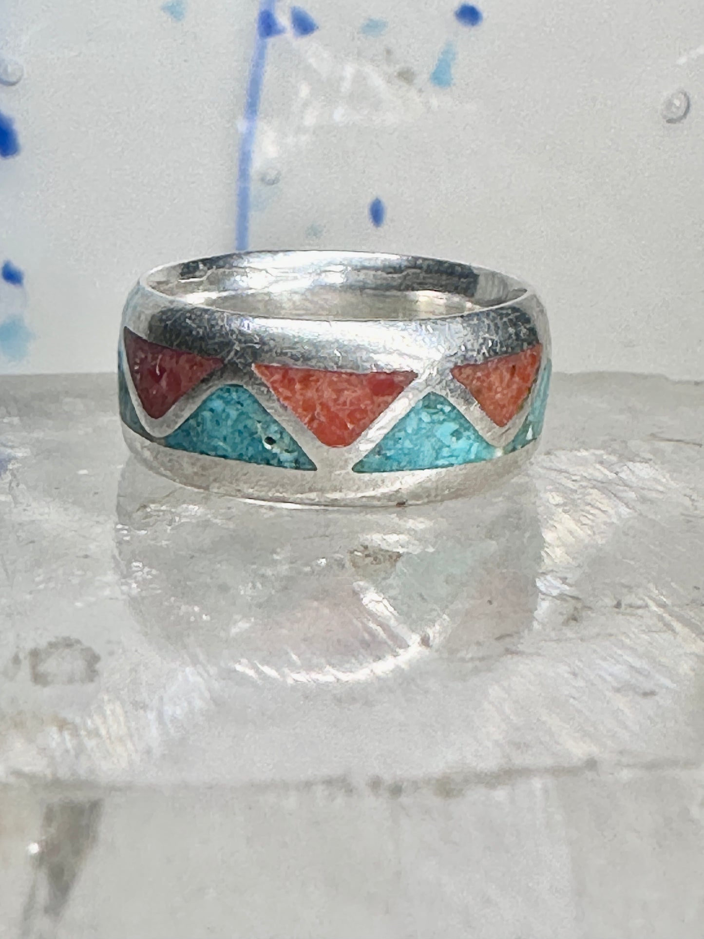 Zuni Wedding ring turquoise chips  coral band size 4.50 pinky sterling silver women