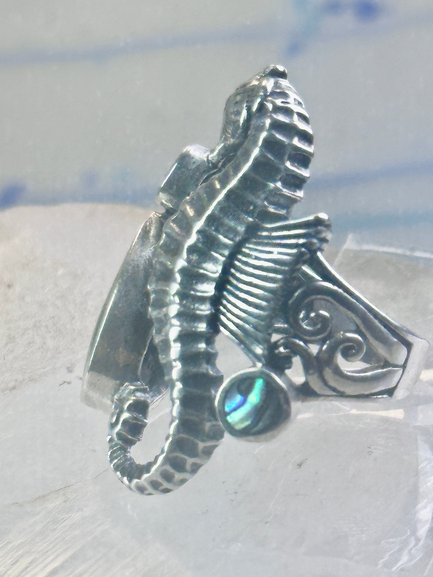 Seahorse ring animal abalone band size 6 sterling silver women