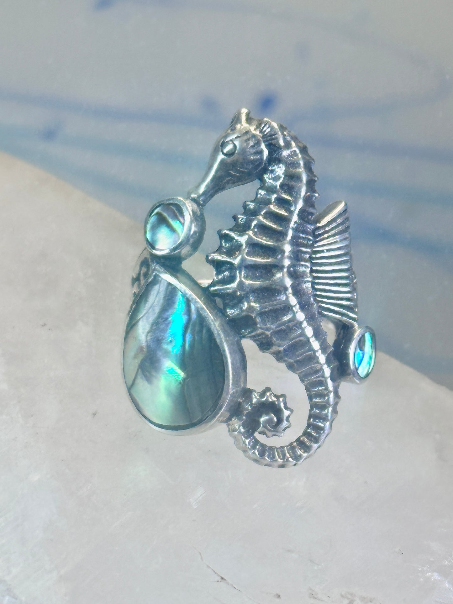 Seahorse ring animal abalone band size 6 sterling silver women