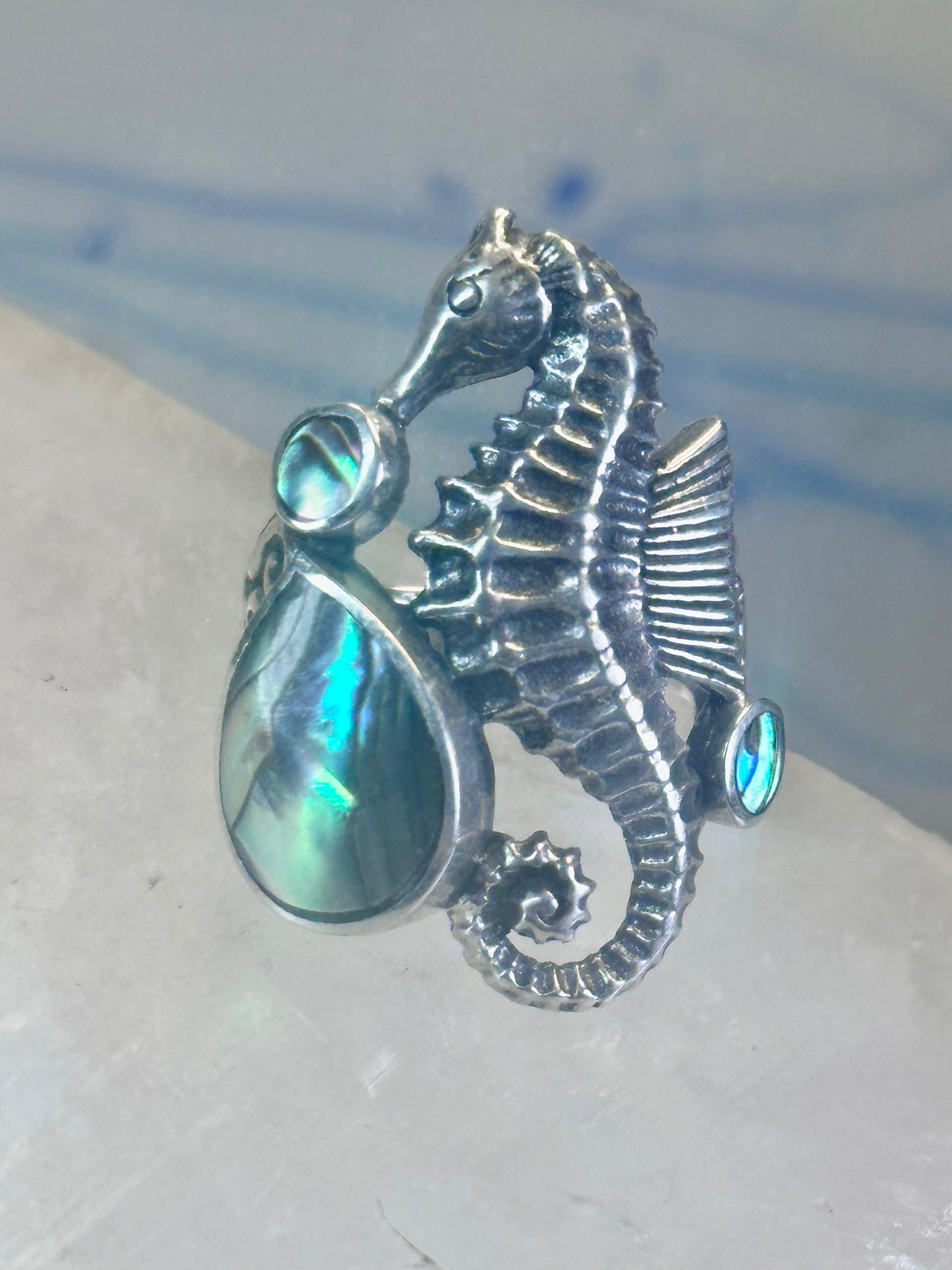 Seahorse ring animal abalone band size 6 sterling silver women