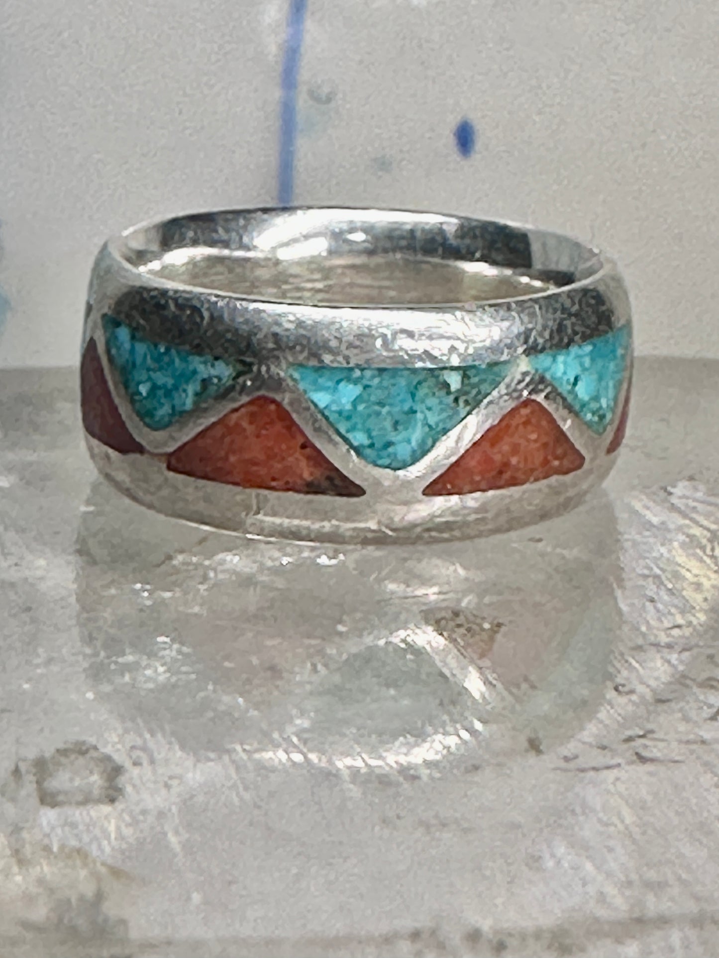 Zuni Wedding ring turquoise chips  coral band size 4.50 pinky sterling silver women