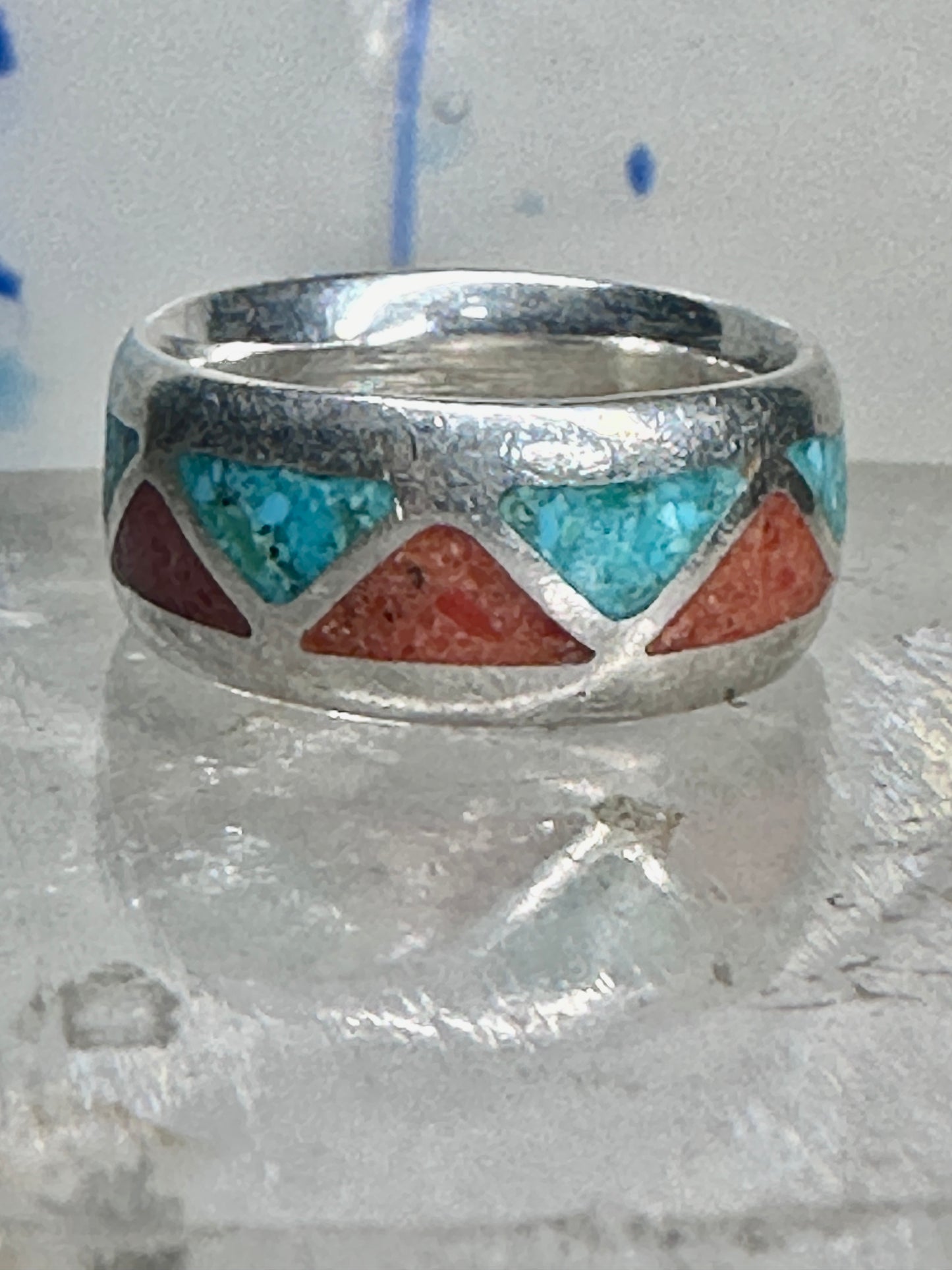 Zuni Wedding ring turquoise chips  coral band size 4.50 pinky sterling silver women