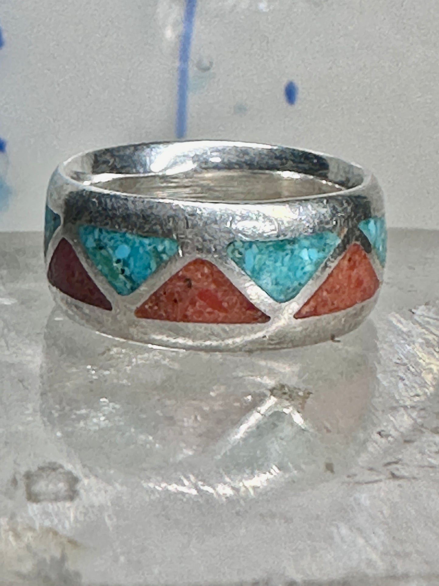 Zuni Wedding ring turquoise chips  coral band size 4.50 pinky sterling silver women