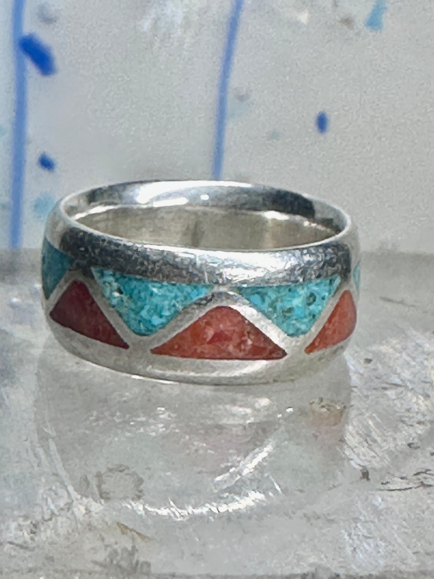 Zuni Wedding ring turquoise chips  coral band size 4.50 pinky sterling silver women