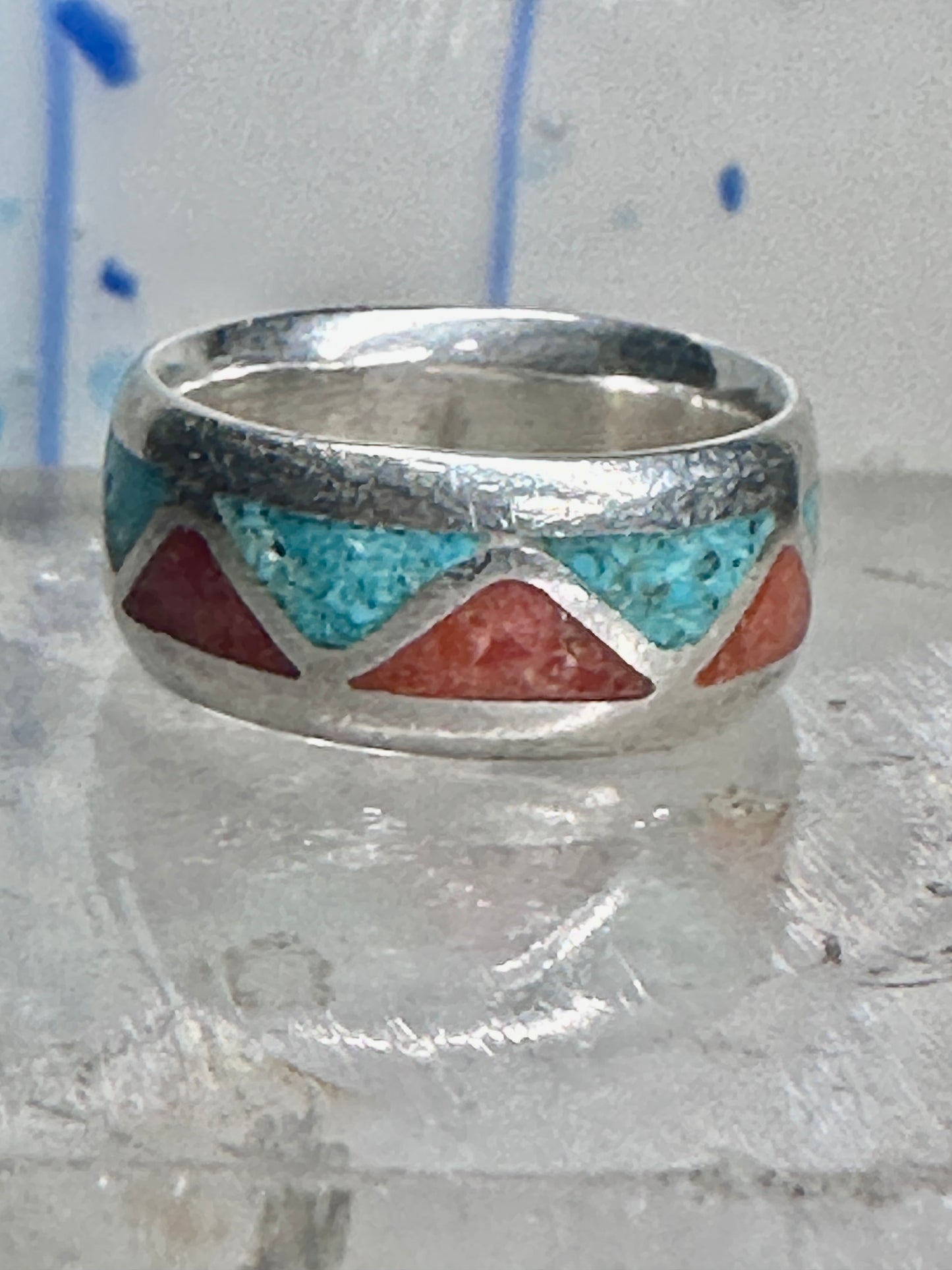 Zuni Wedding ring turquoise chips  coral band size 4.50 pinky sterling silver women