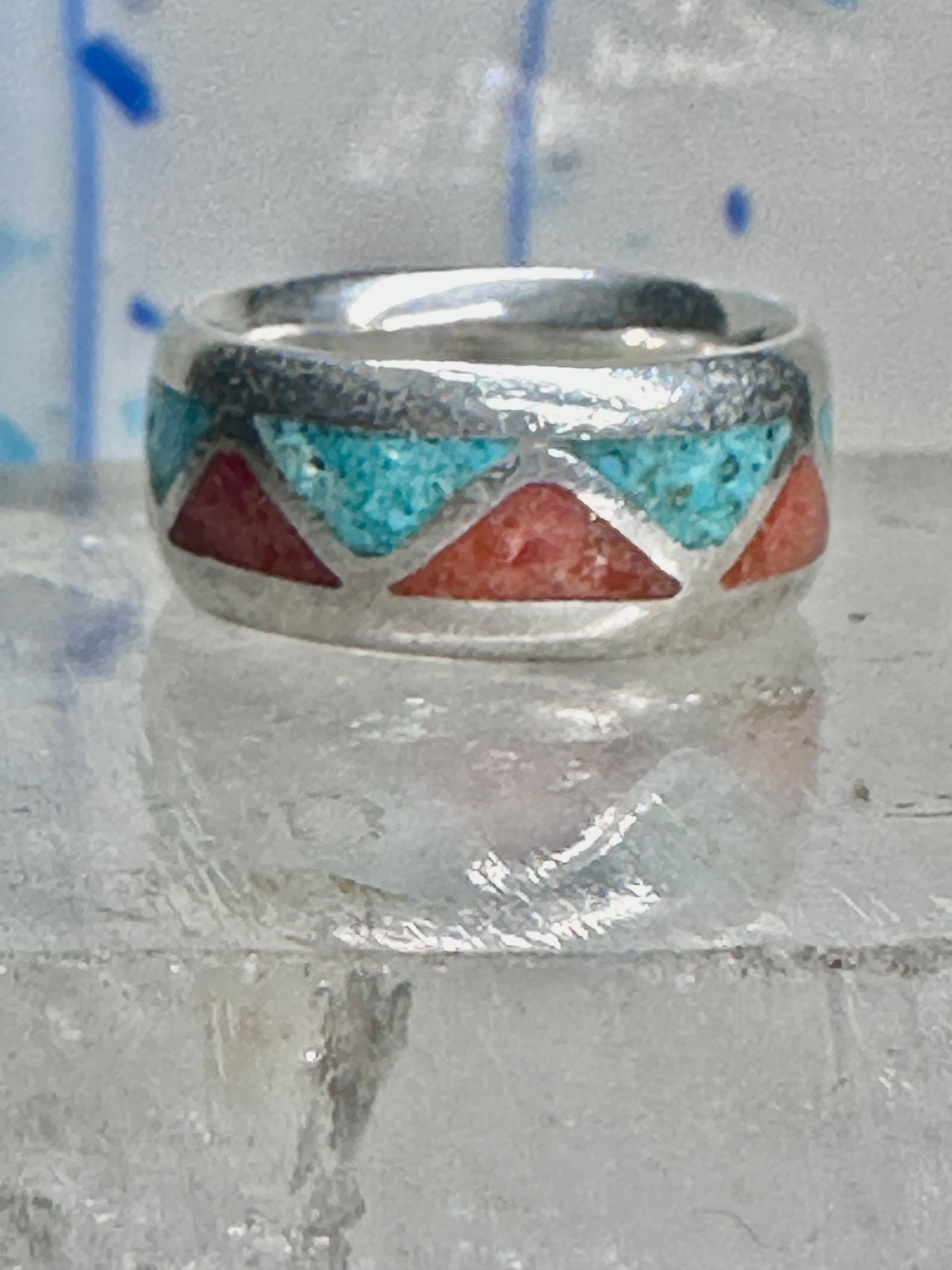 Zuni Wedding ring turquoise chips  coral band size 4.50 pinky sterling silver women