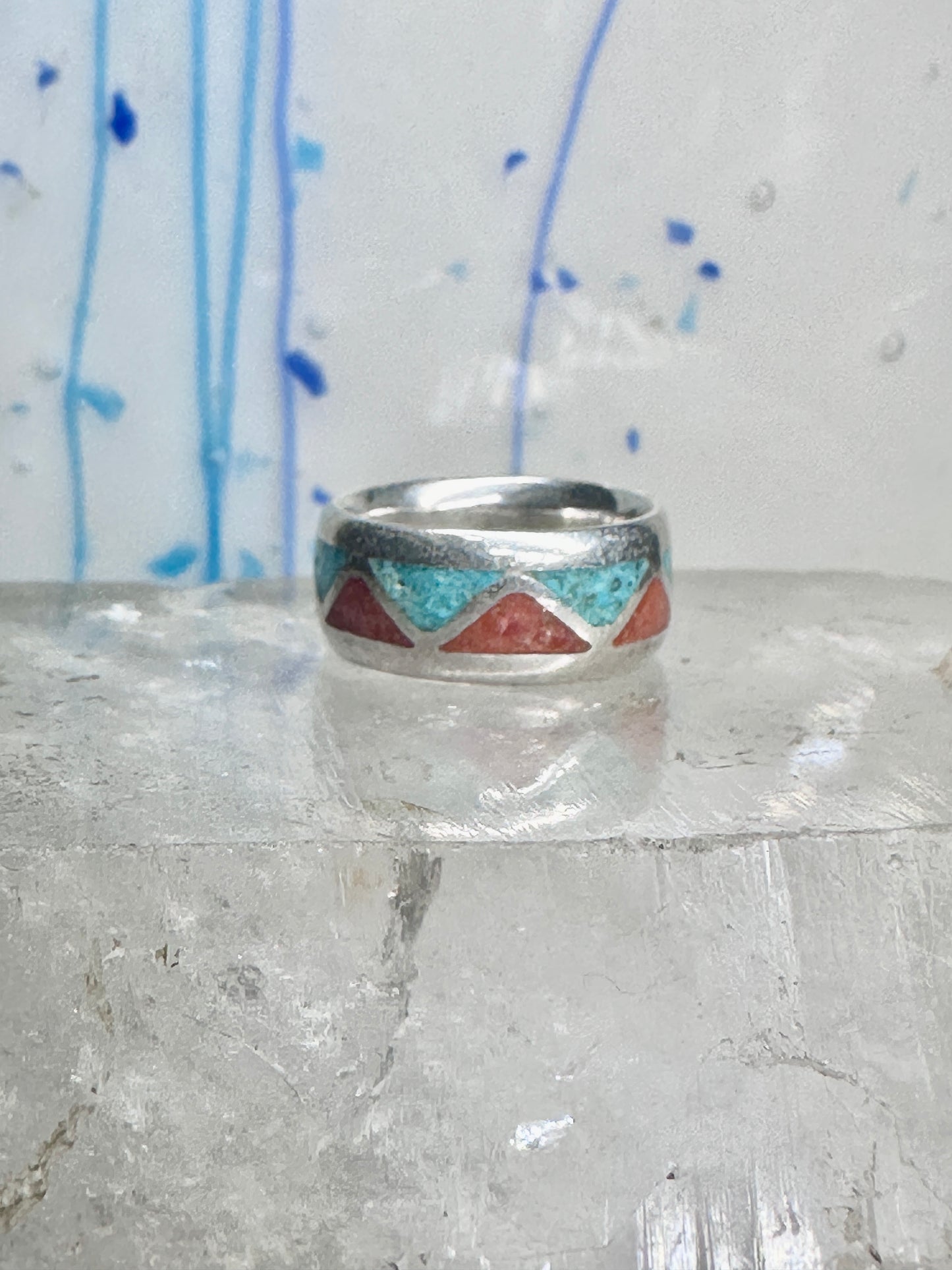 Zuni Wedding ring turquoise chips  coral band size 4.50 pinky sterling silver women