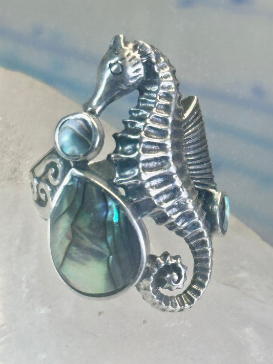 Seahorse ring animal abalone band size 6 sterling silver women