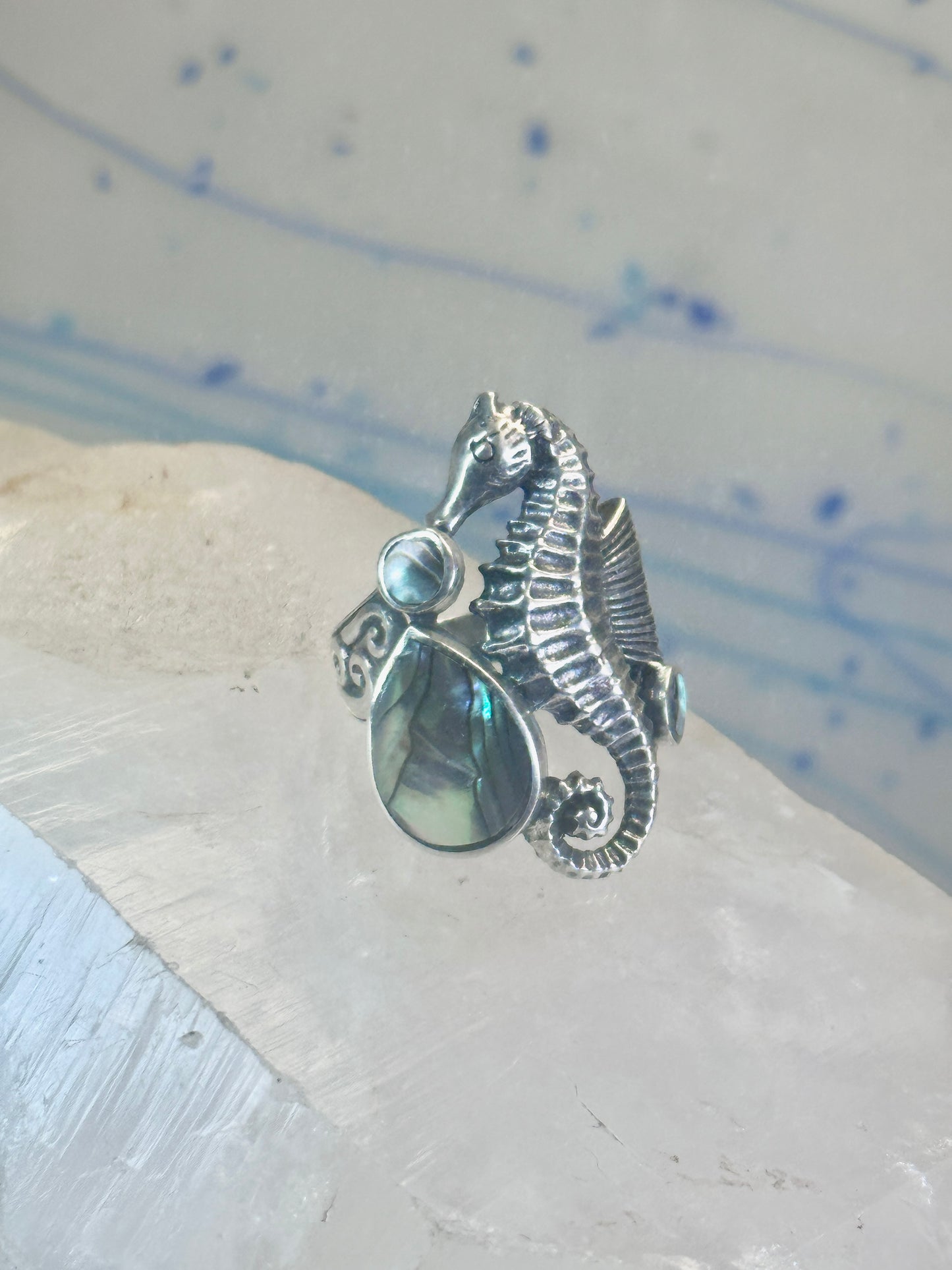 Seahorse ring animal abalone band size 6 sterling silver women