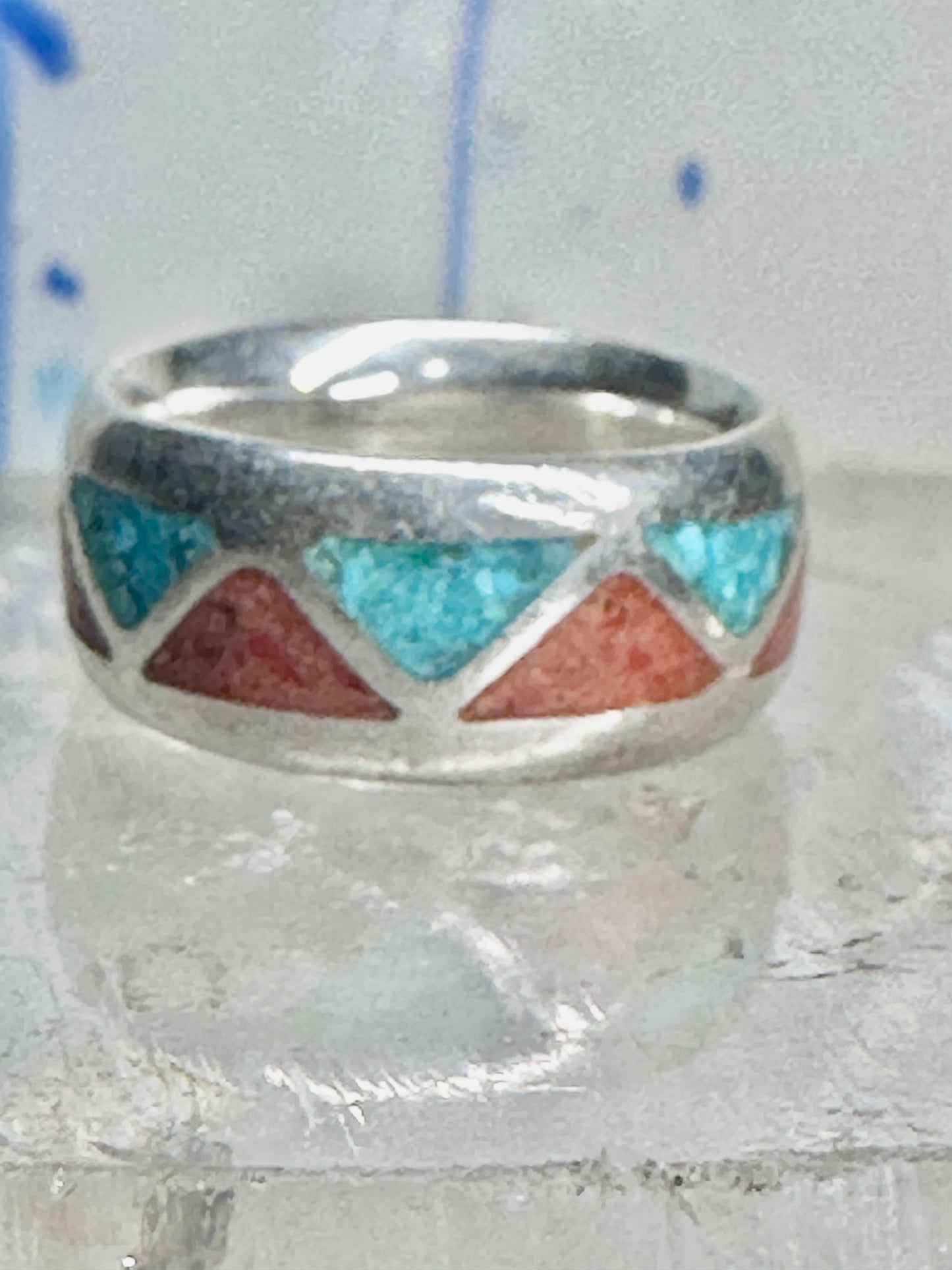 Zuni Wedding ring turquoise chips  coral band size 4.50 pinky sterling silver women