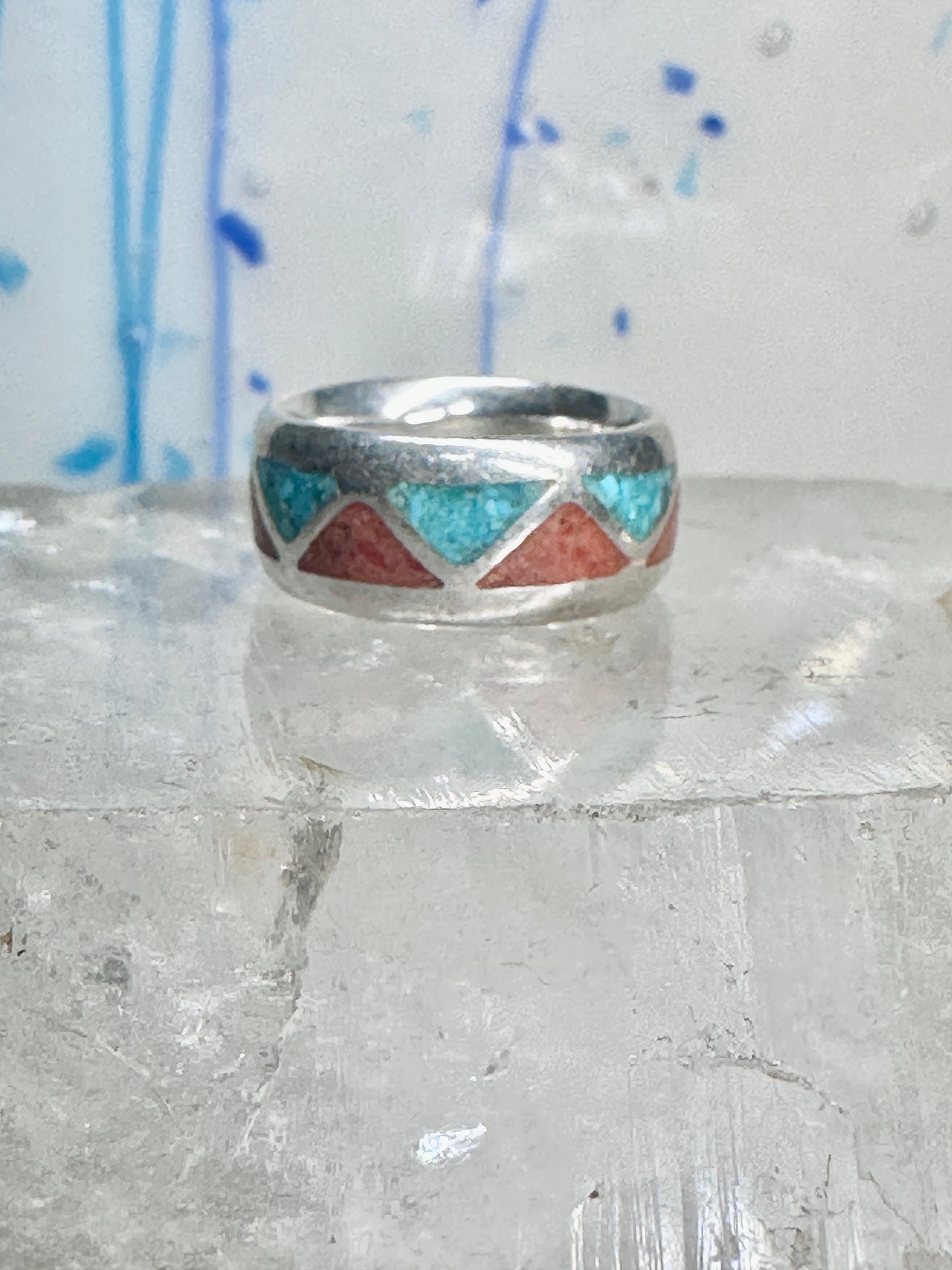 Zuni Wedding ring turquoise chips  coral band size 4.50 pinky sterling silver women