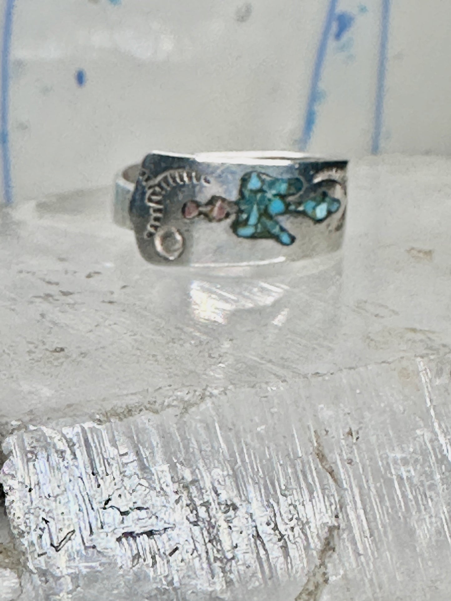 Phoenix ring turquoise coral chips southwest band size 6.75 sterling silver women&nbsp;