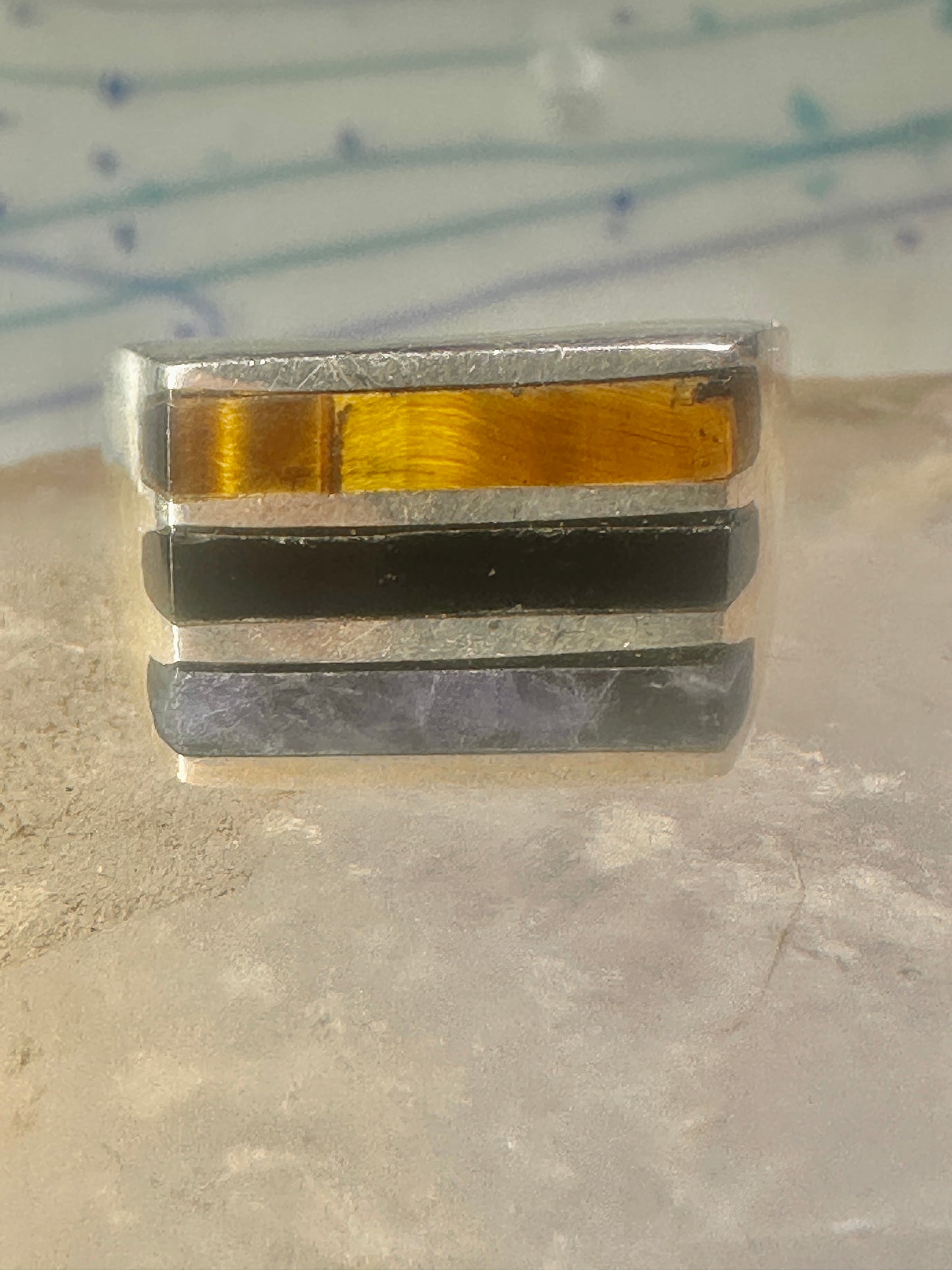 Mexico ring tiger eye size 9.75 inlaid sterling silver men women