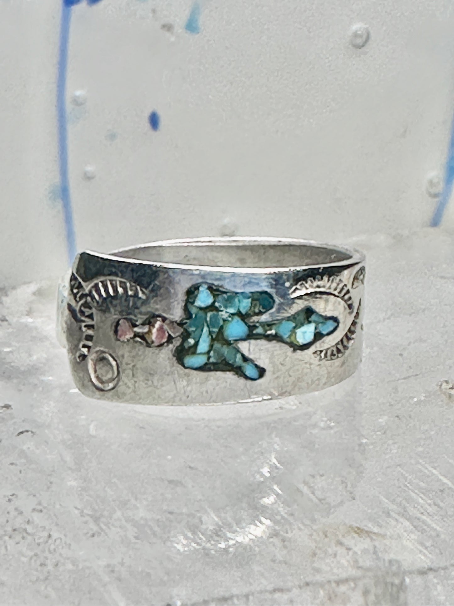 Phoenix ring turquoise coral chips southwest band size 6.75 sterling silver women&nbsp;