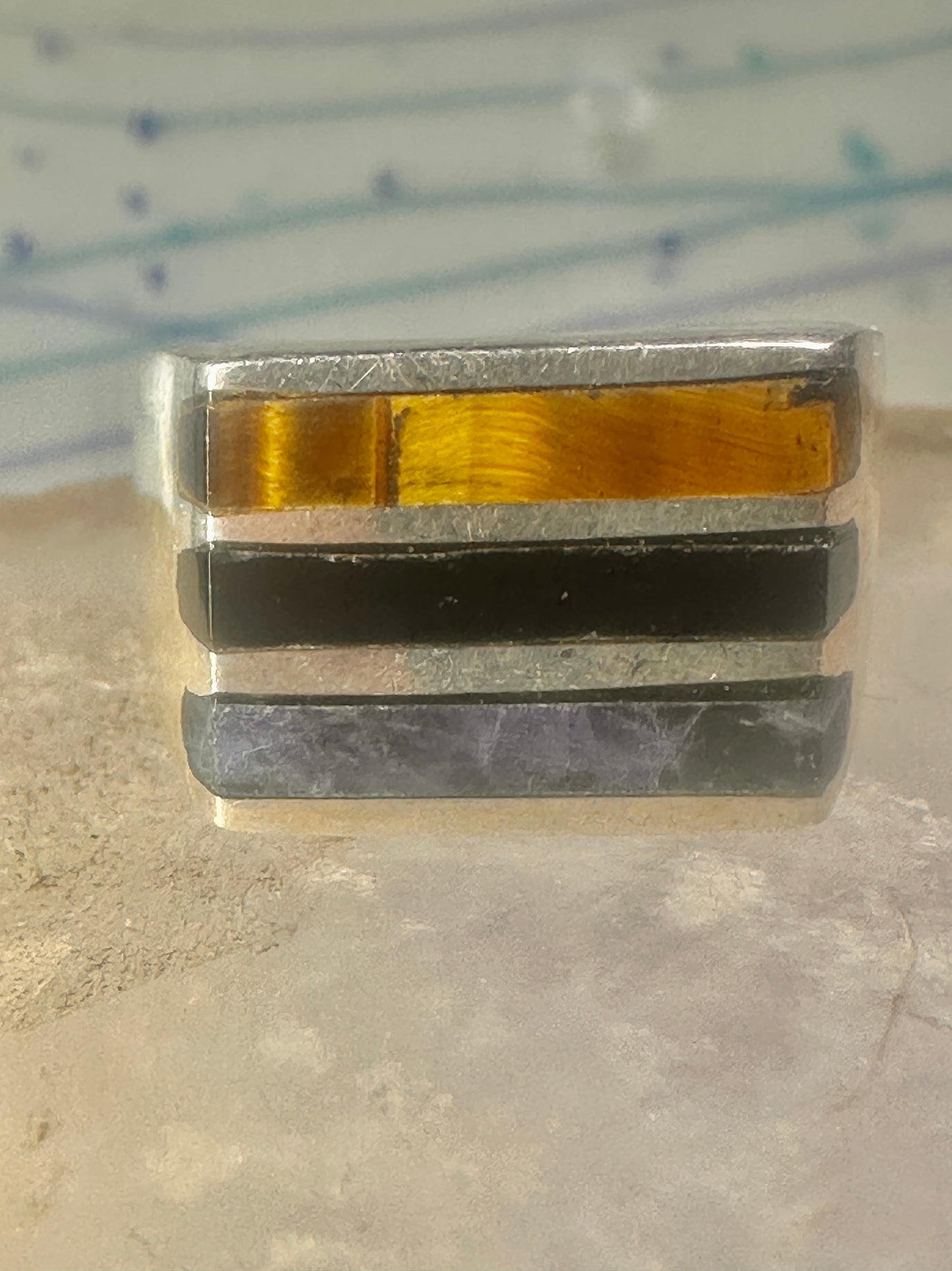 Mexico ring tiger eye size 9.75 inlaid sterling silver men women