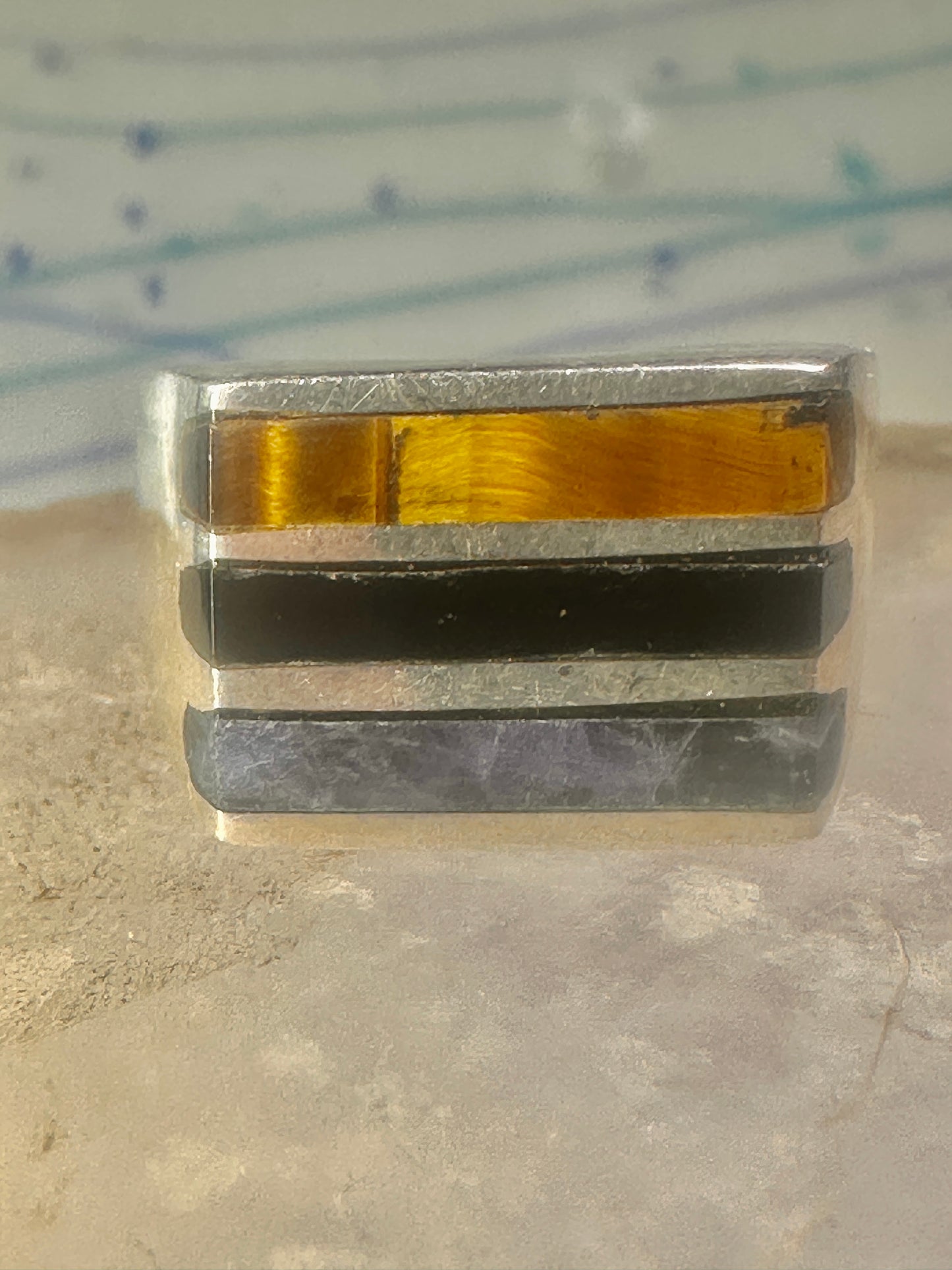 Mexico ring tiger eye size 9.75 inlaid sterling silver men women