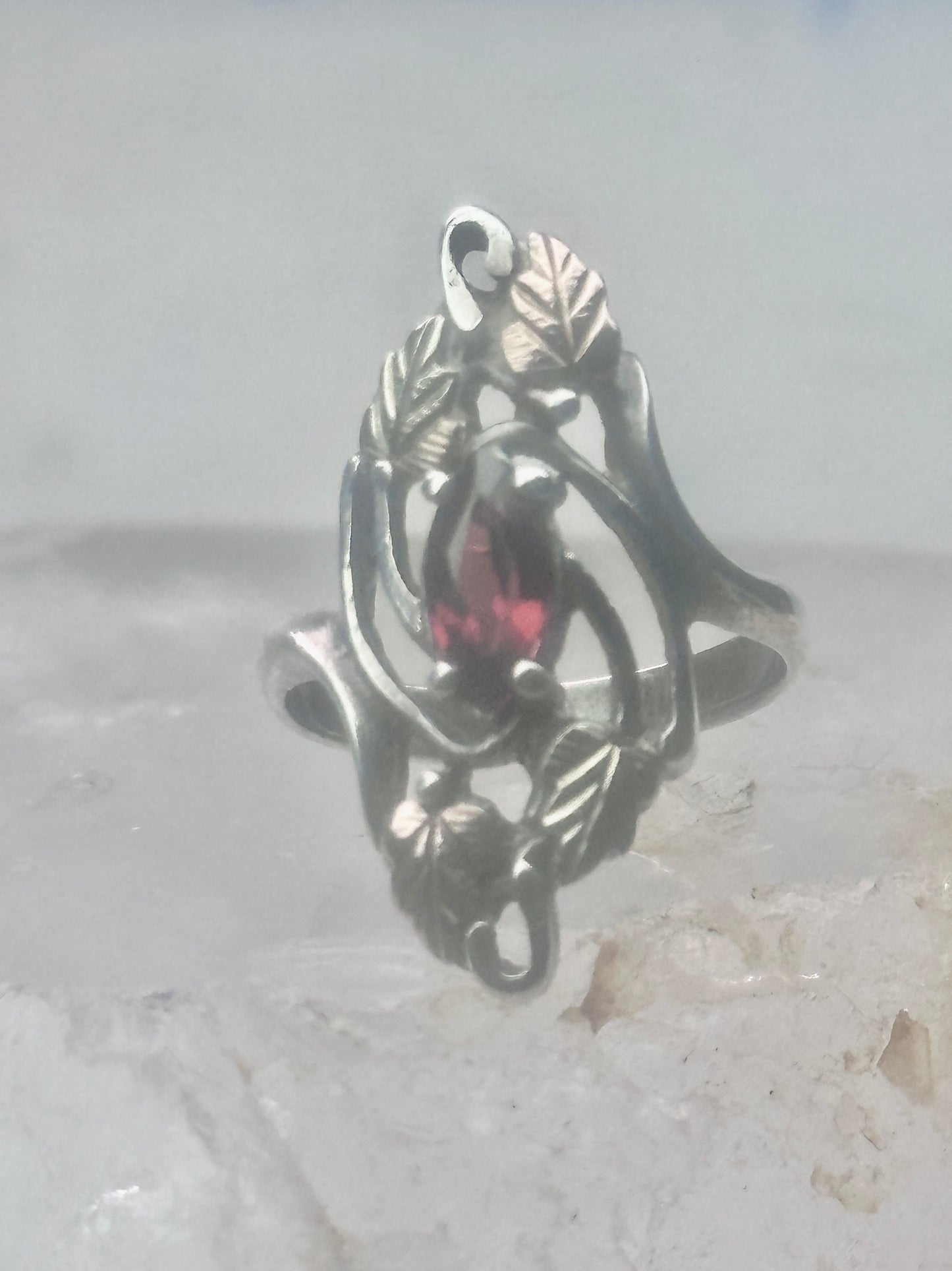 Long Black Hills Gold ring garnet leaves floral size 4.50 sterling silver women
