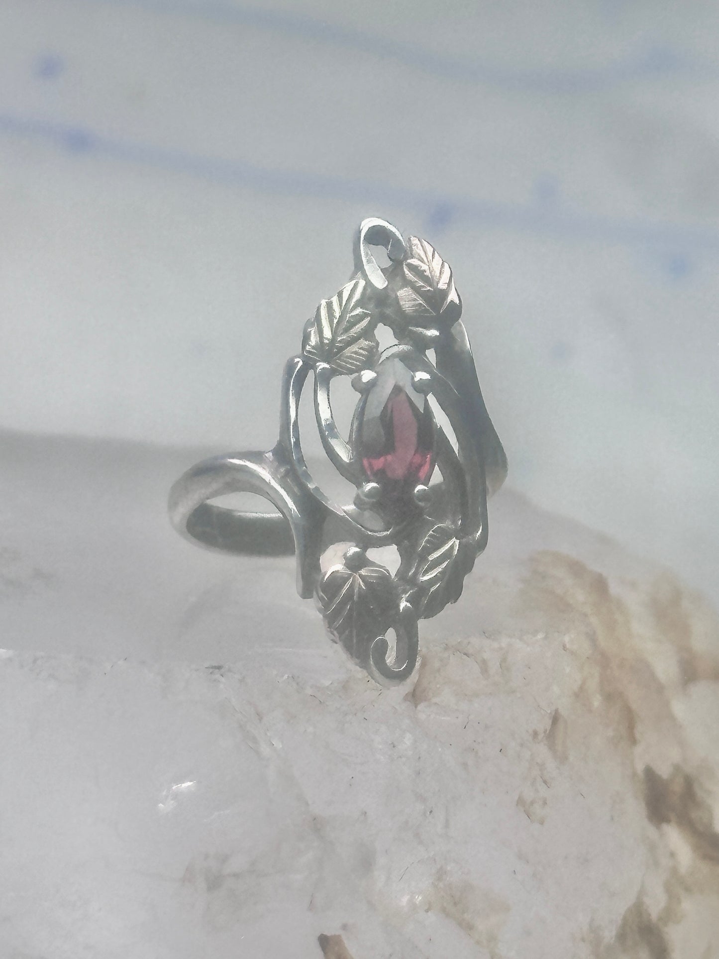 Long Black Hills Gold ring garnet leaves floral size 4.50 sterling silver women