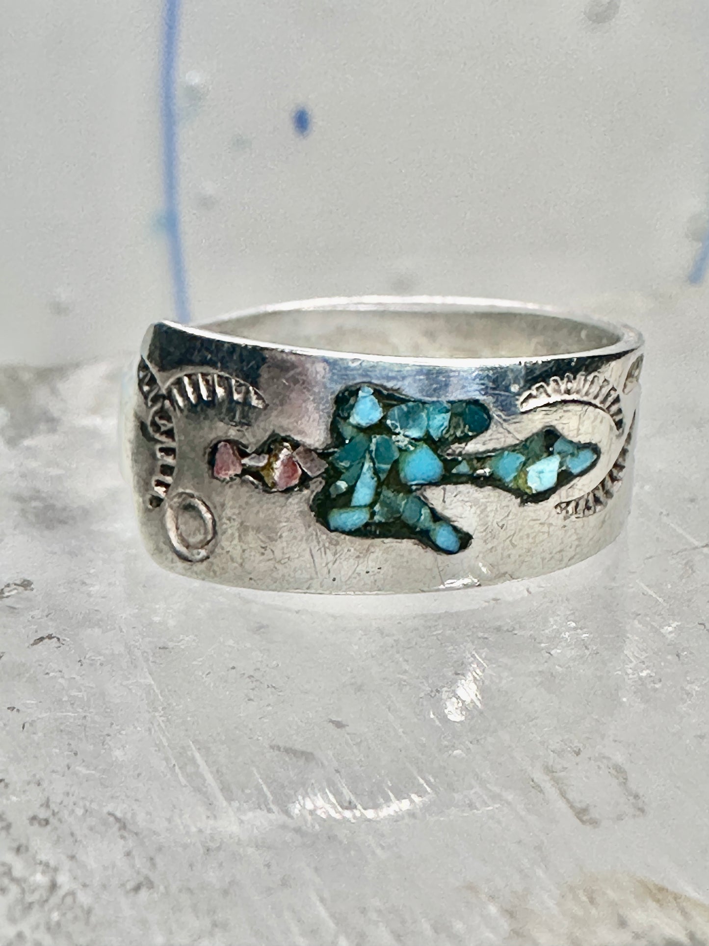 Phoenix ring turquoise coral chips southwest band size 6.75 sterling silver women&nbsp;