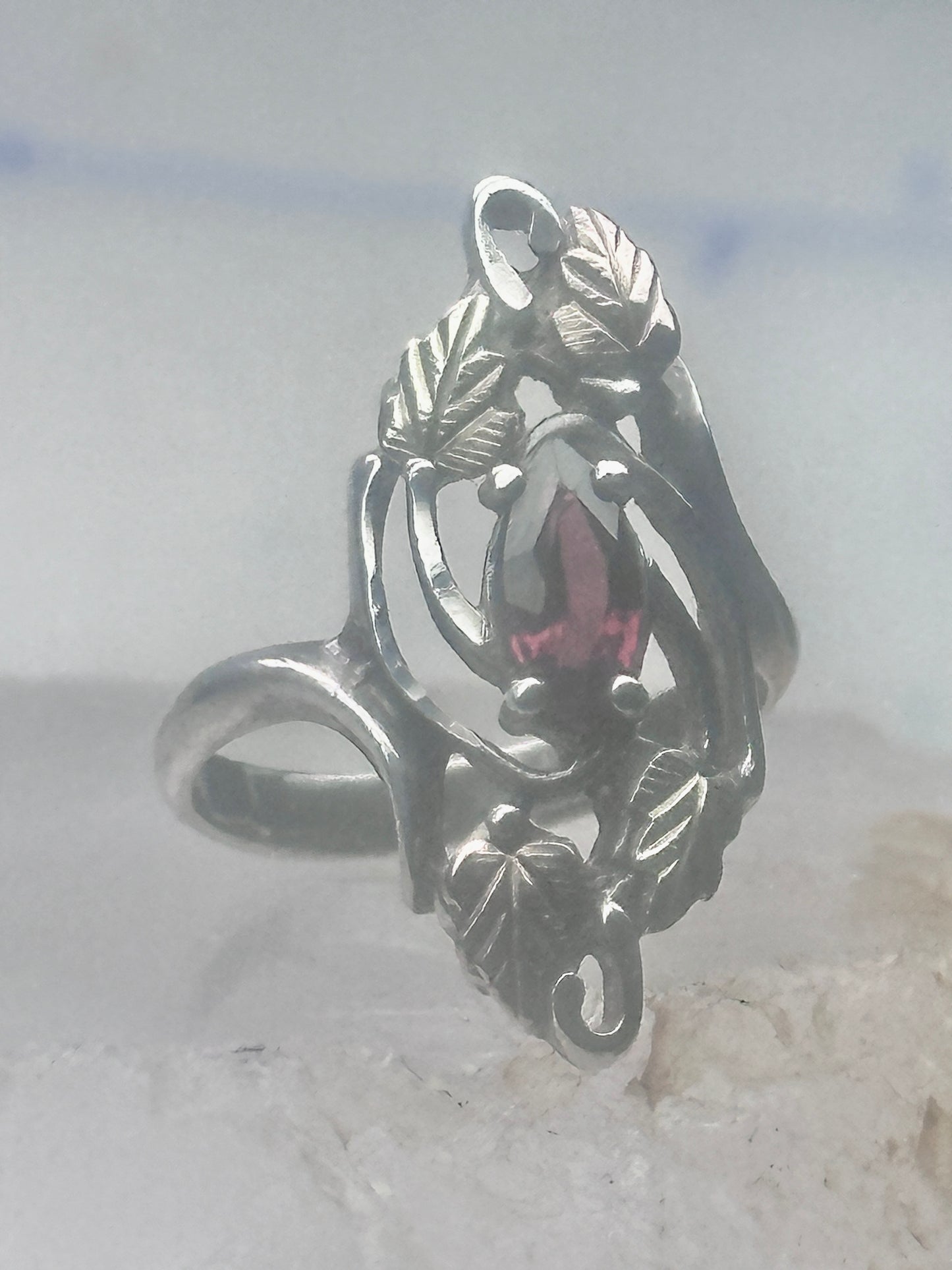 Long Black Hills Gold ring garnet leaves floral size 4.50 sterling silver women