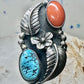 Turquoise ring coral band leaves squash blossom Navajo size 6.75 sterling silver women