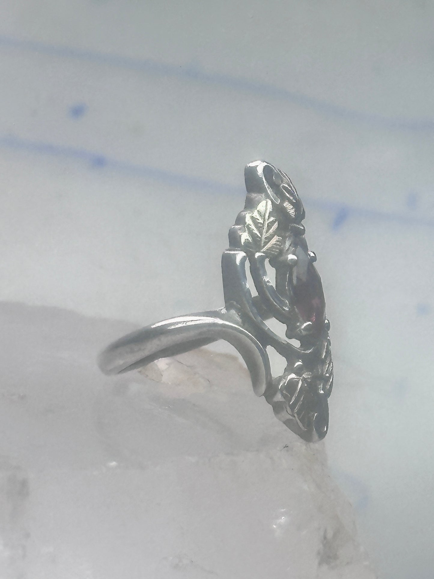 Long Black Hills Gold ring garnet leaves floral size 4.50 sterling silver women
