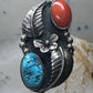 Turquoise ring coral band leaves squash blossom Navajo size 6.75 sterling silver women